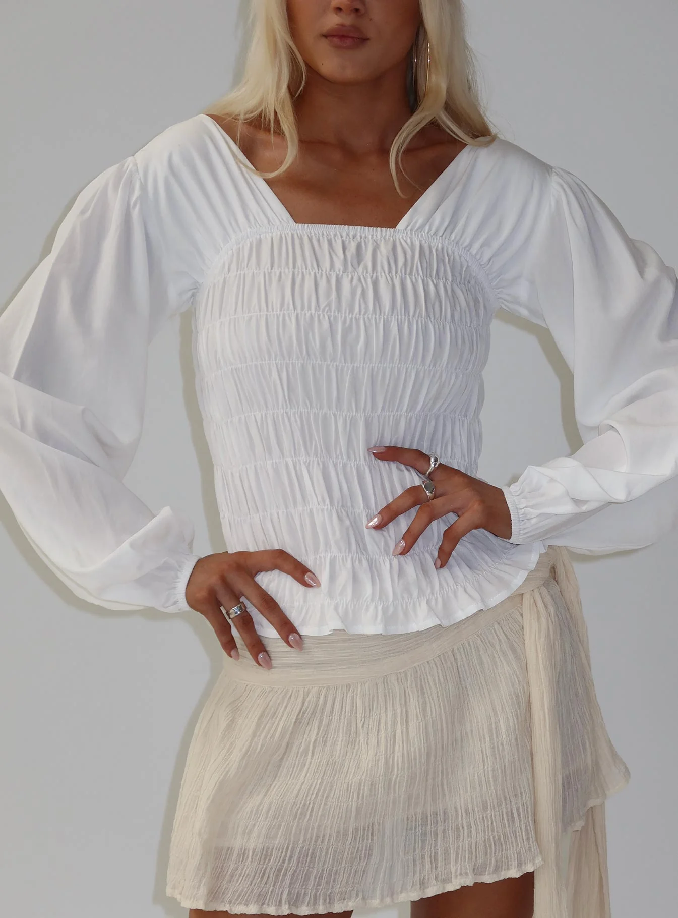 Lynnea Long Sleeve Shirred Top White