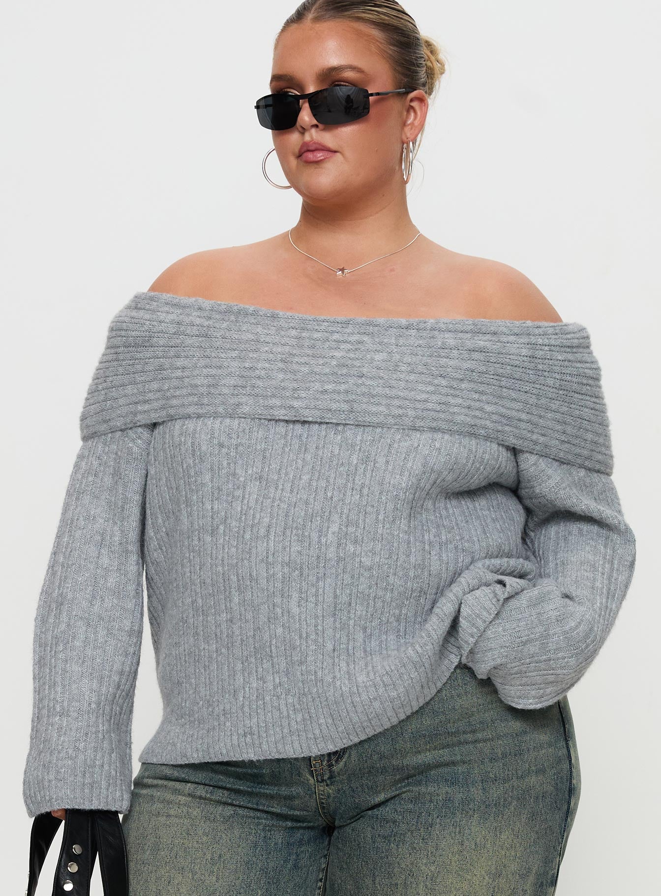 Snowie Off Shoulder Knit Sweater Grey Curve