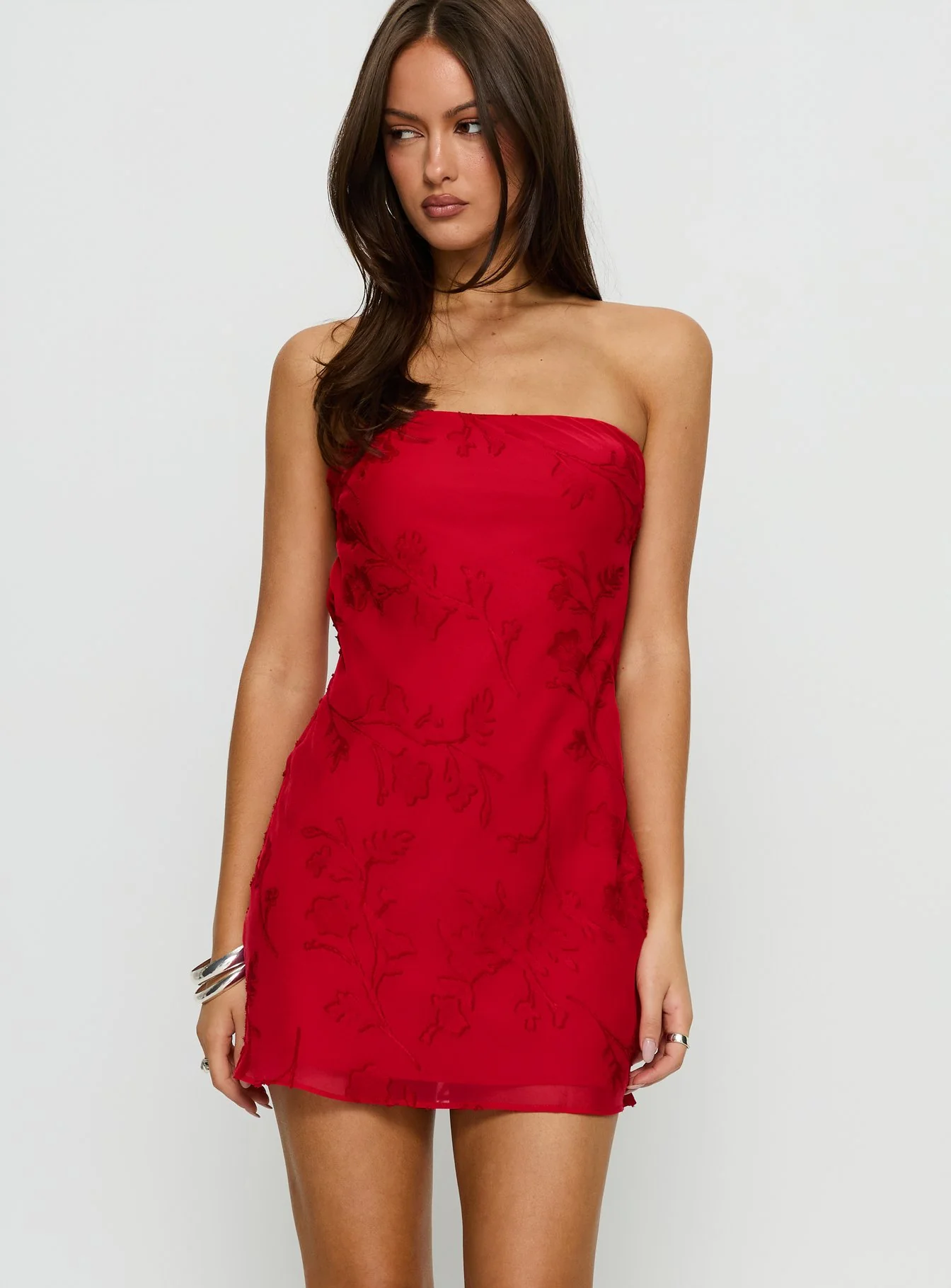 Edge Of Love Strapless Mini Dress Red Burnout
