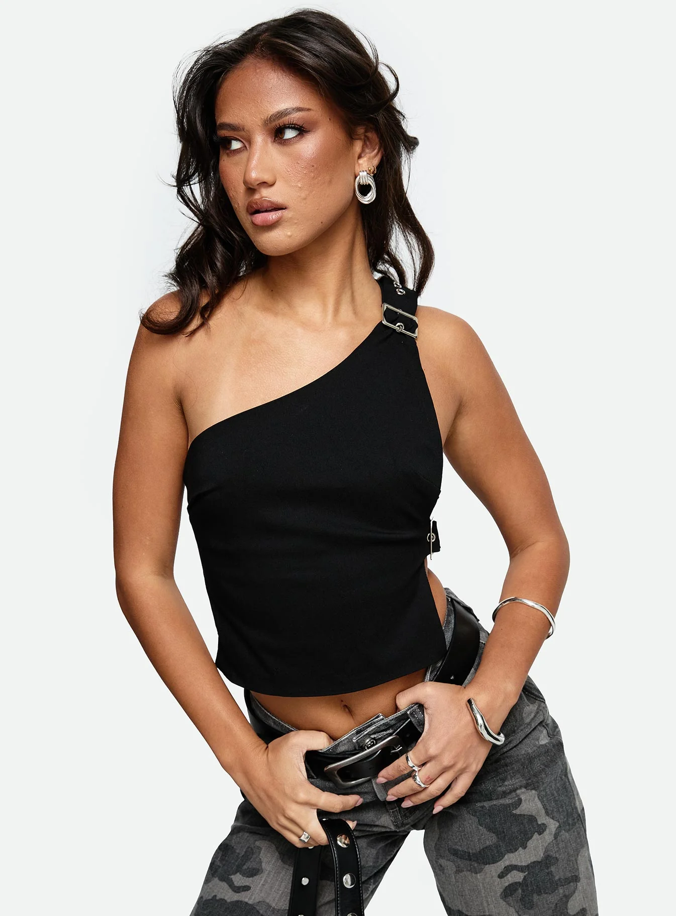 Buckled Down One Shoulder Top Black
