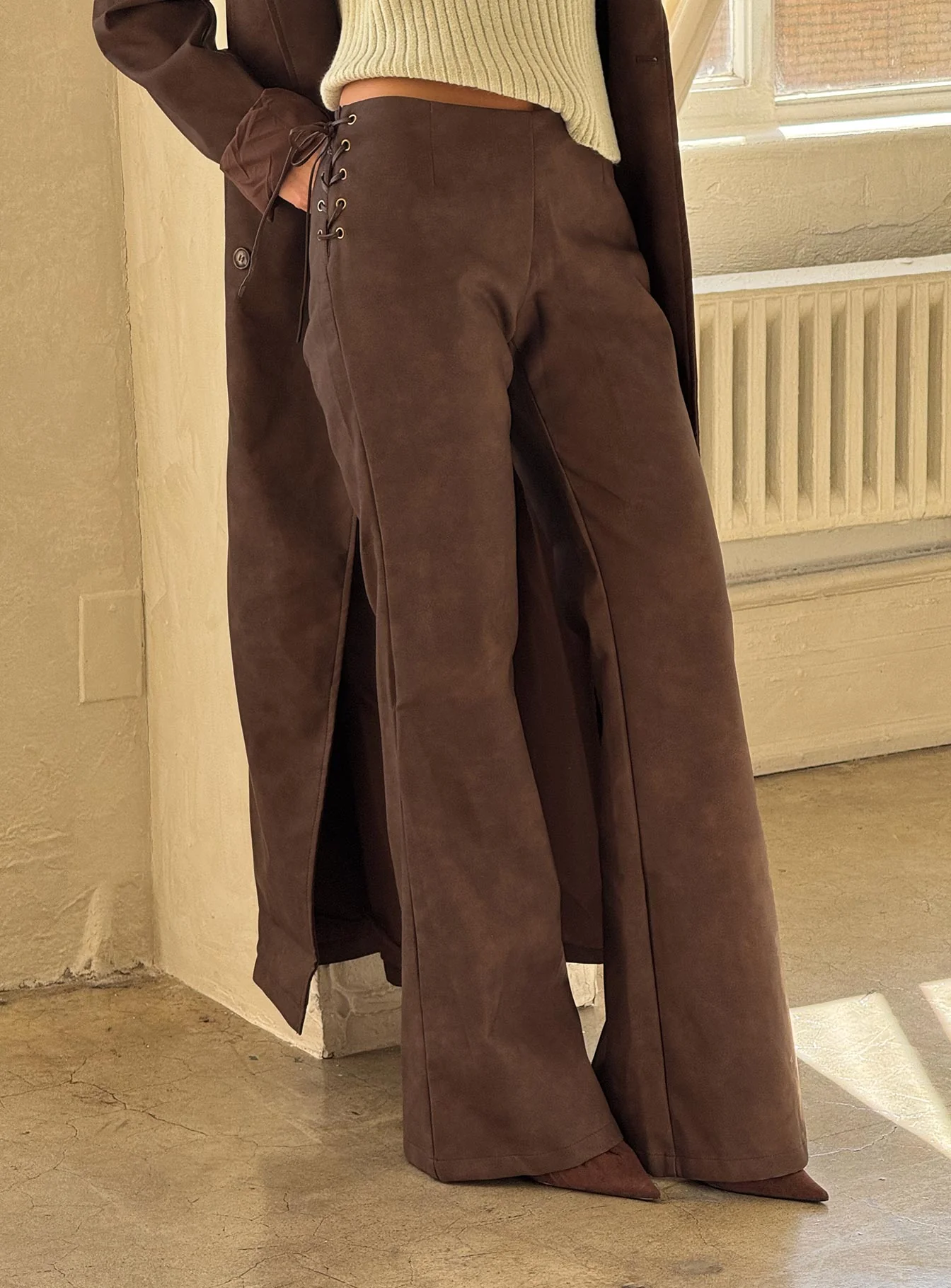 Trickrider Tie Side Faux Leather Pants Chocolate