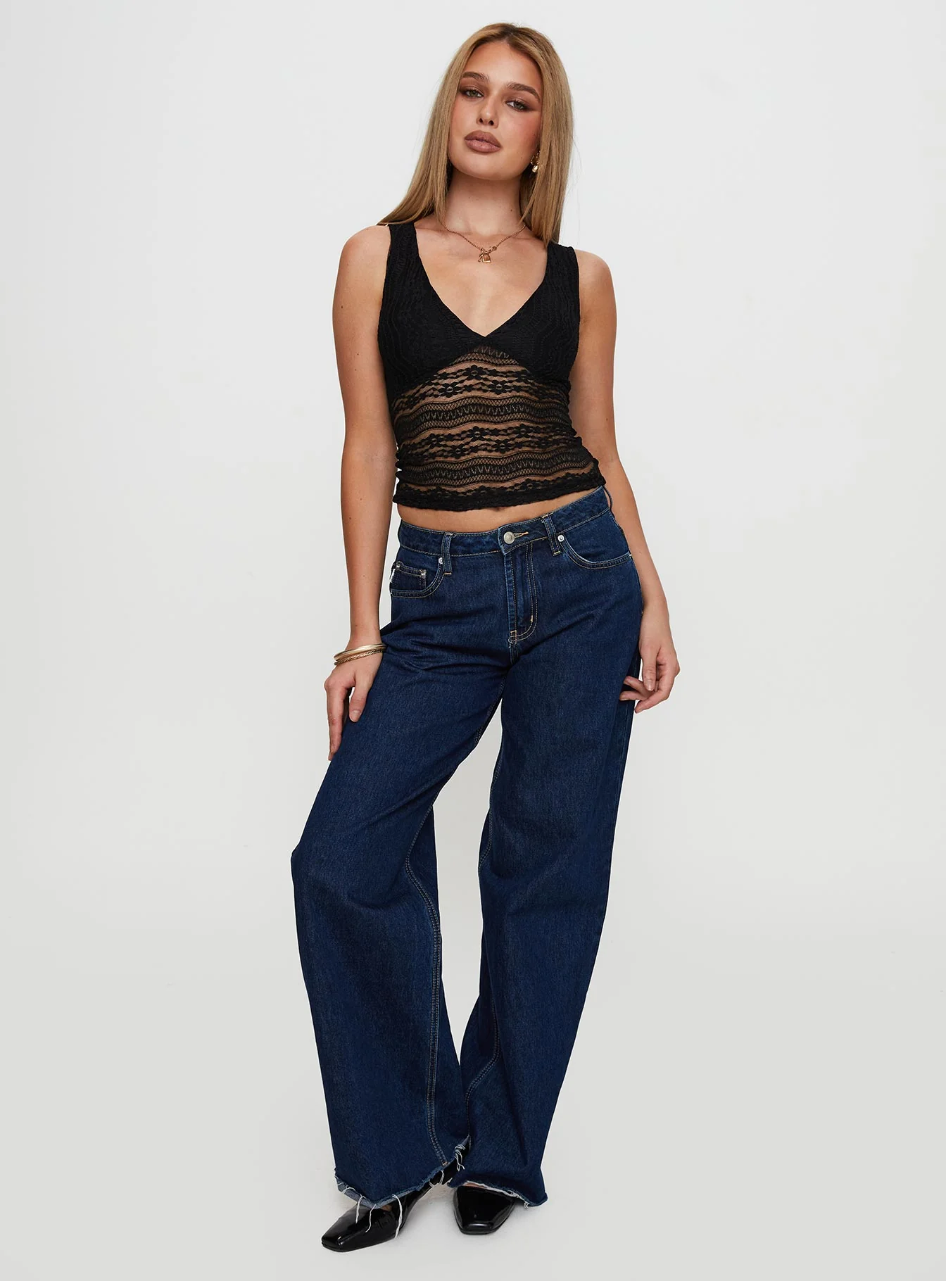 Loxlee Lace Plunge Neck Top Black