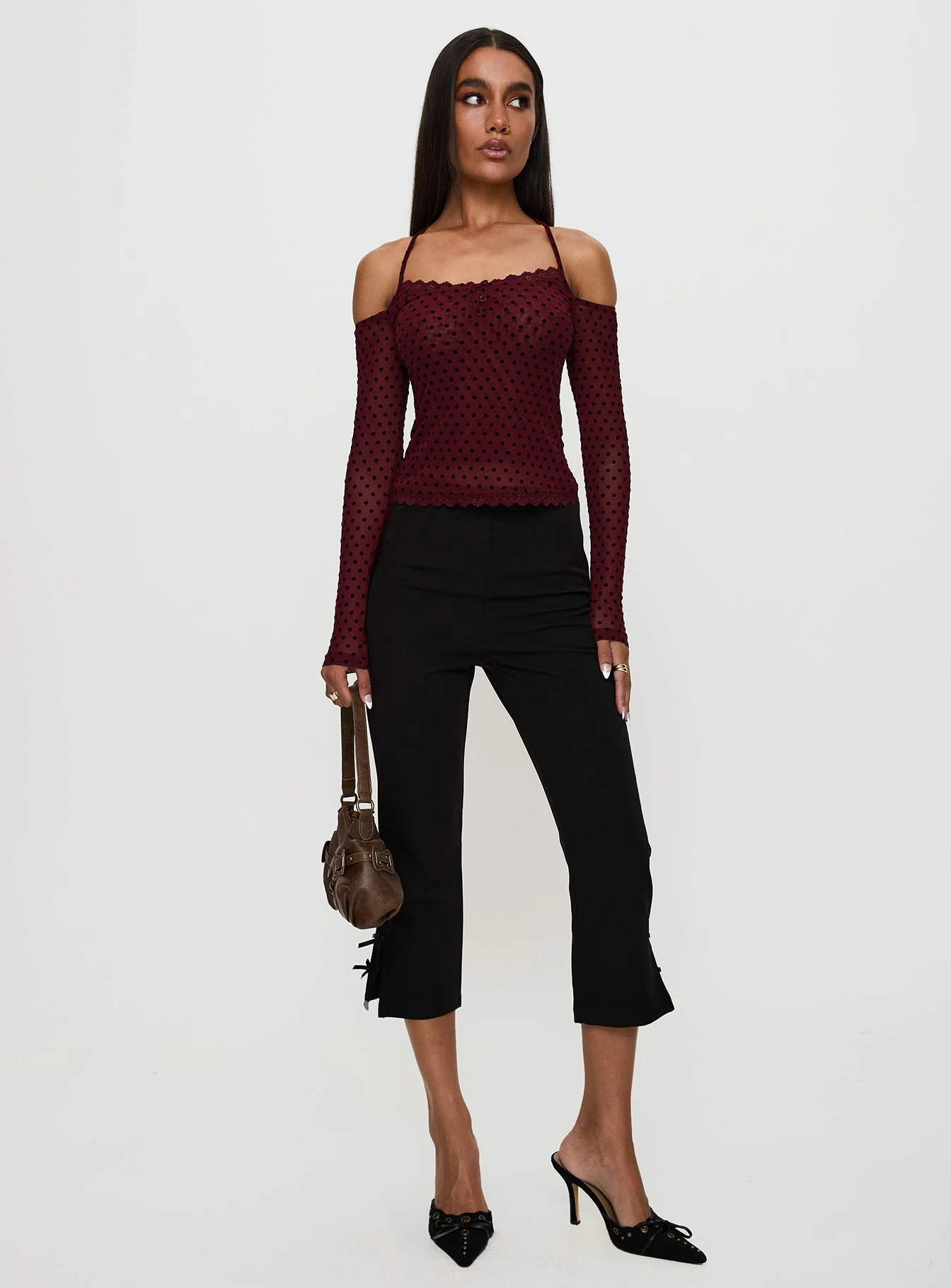 On My Side Off Shoulder Tie Neck Top Burgundy