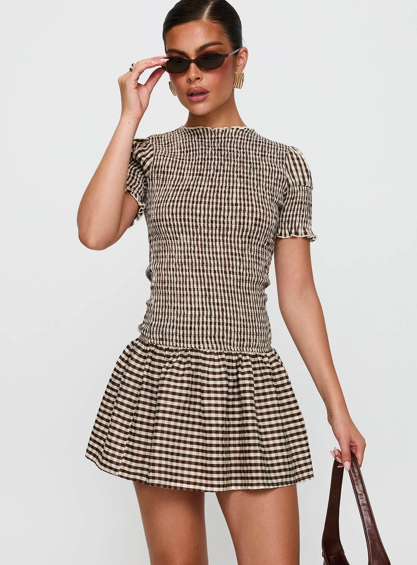 Laurita Shirred Mini Dress Brown Check Tall