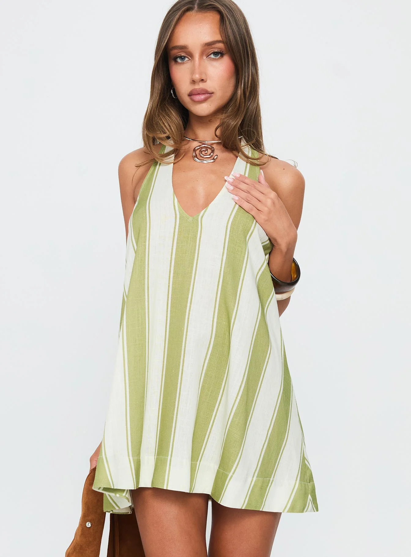 Khaia Halter Mini Dress Green / Cream Stripe