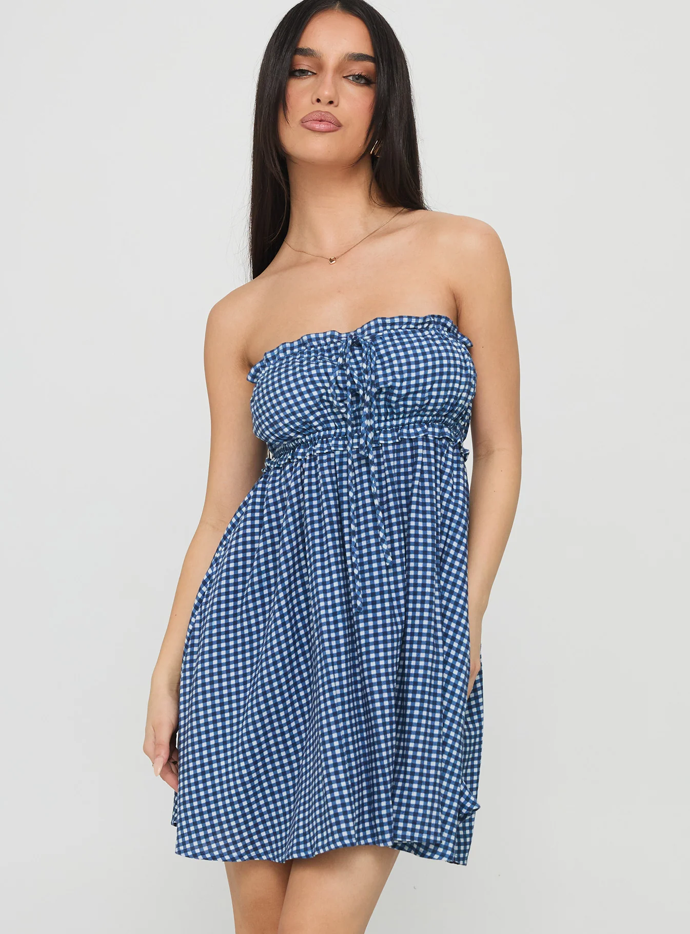 Held My Breath Strapless Babydoll Mini Dress Blue Gingham