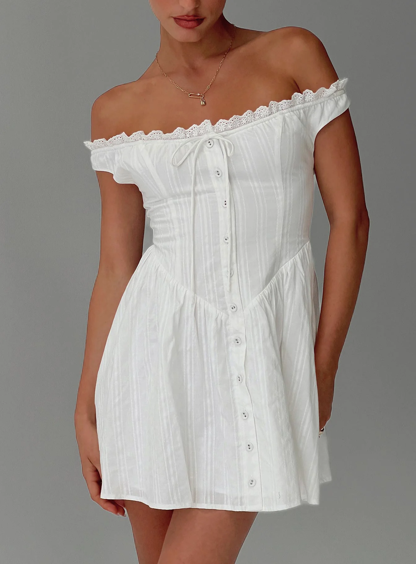 White Horse Off The Shoulder Mini Dress White