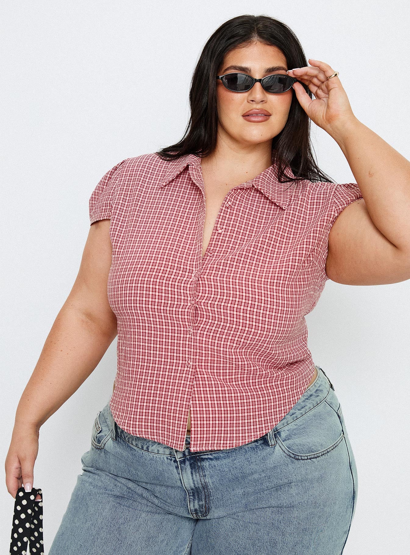 Float Away Button Up Top Red Check Curve
