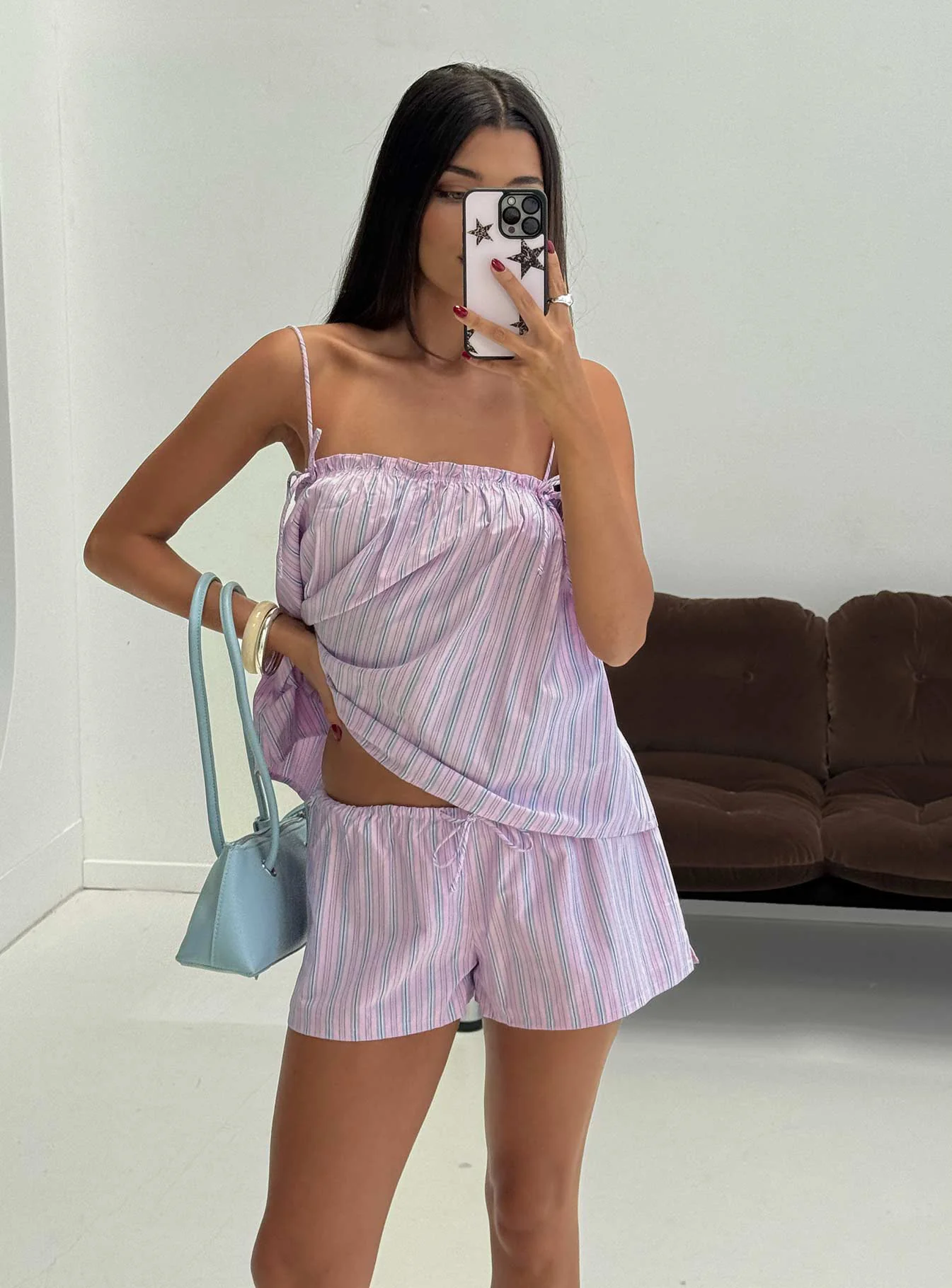 Pepita Drawstring Shorts Pink Stripe