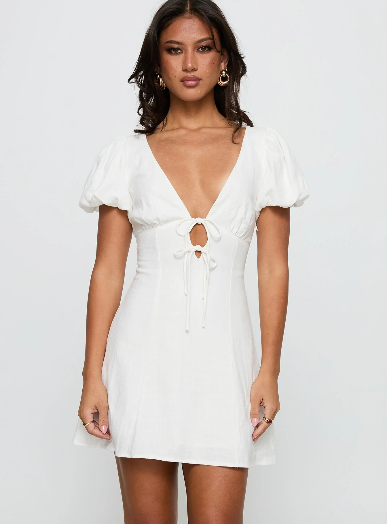 Beloved Puff Sleeve Linen Blend Mini Dress White