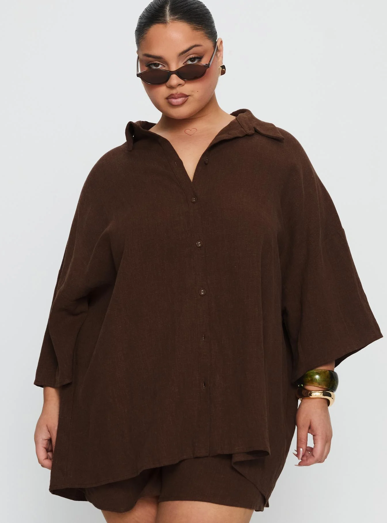 Peni Linen Button Down Top Chocolate Curve