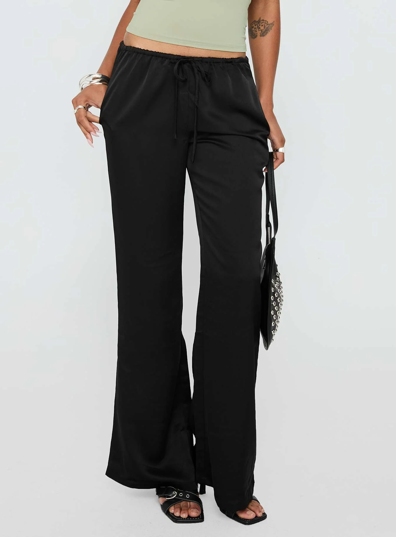 Vanille Tie Waist Satin Pants Black