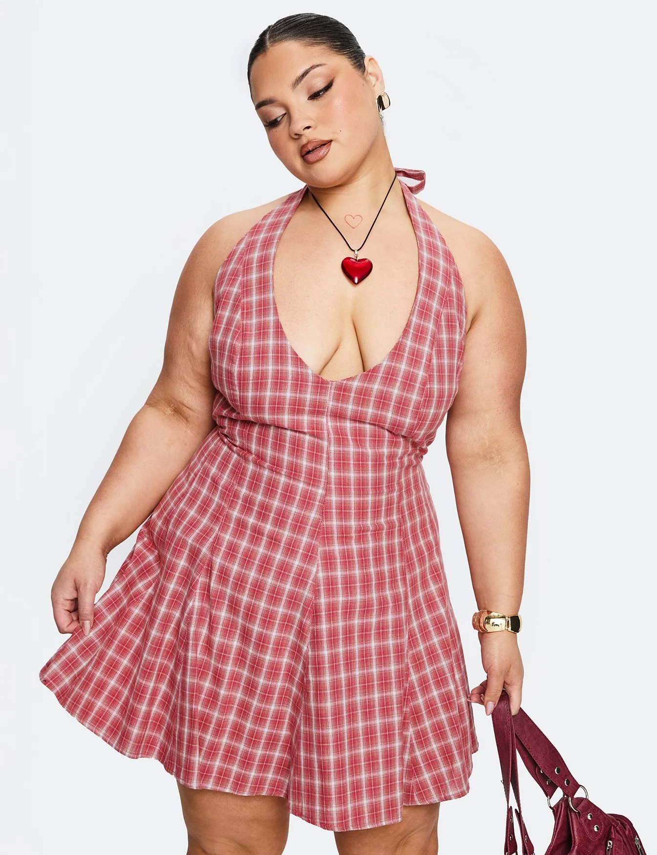 Out Of Nowhere Halter Mini Dress Red Check Curve