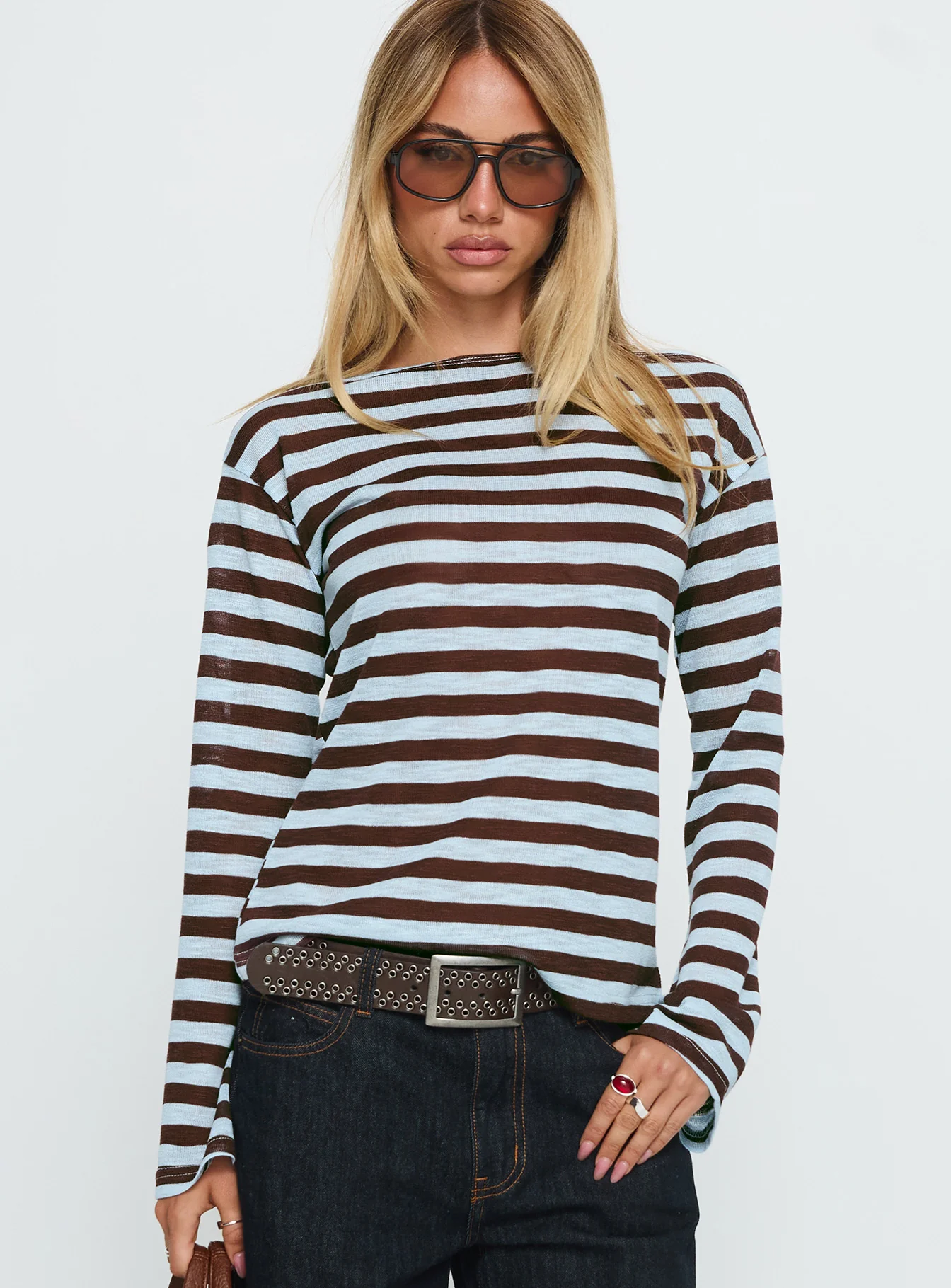 So Composed Boat Neck Long Sleeve Top Blue Stripe