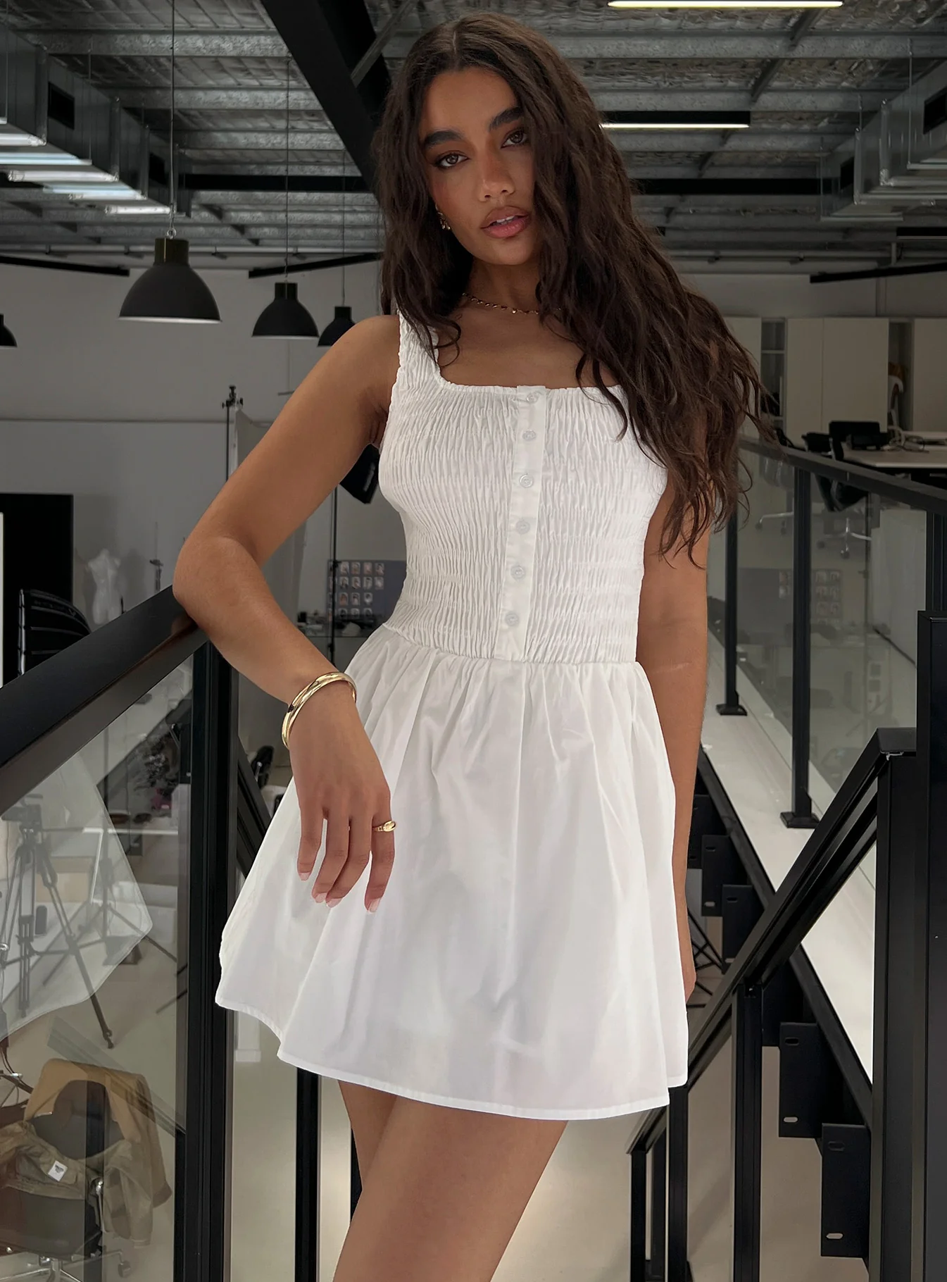 Aurelise Shirred Mini Dress White