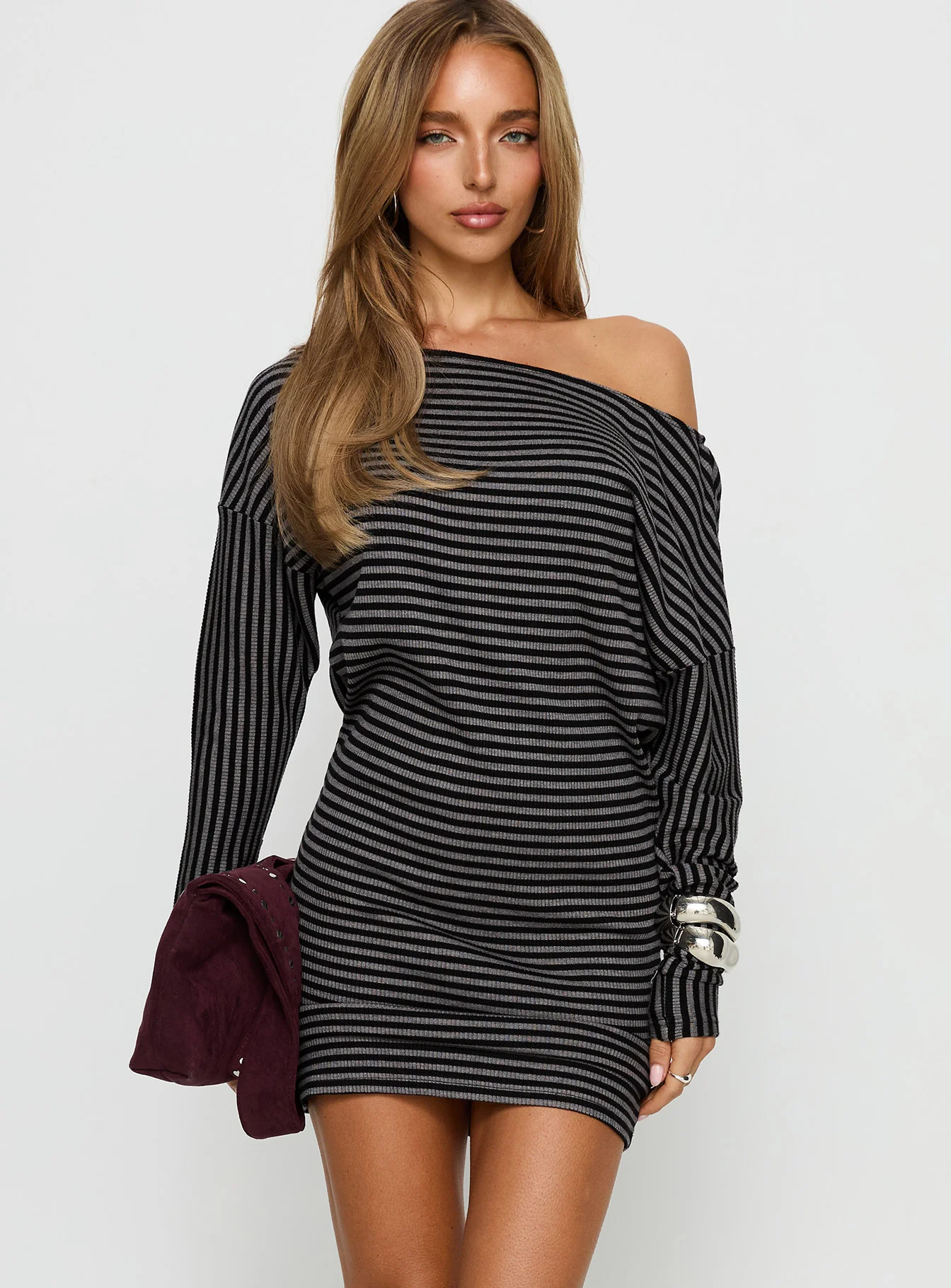 Alayne Long Sleeve Knit Mini Dress Black / Grey Stripe