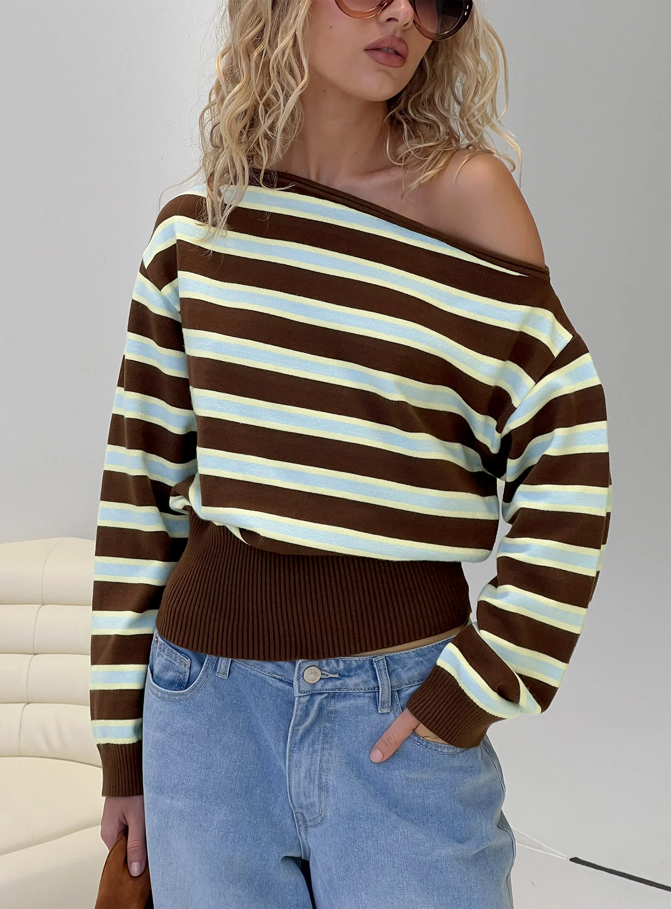 Zinia Off Shoulder Knit Sweater Brown / Blue Stripe