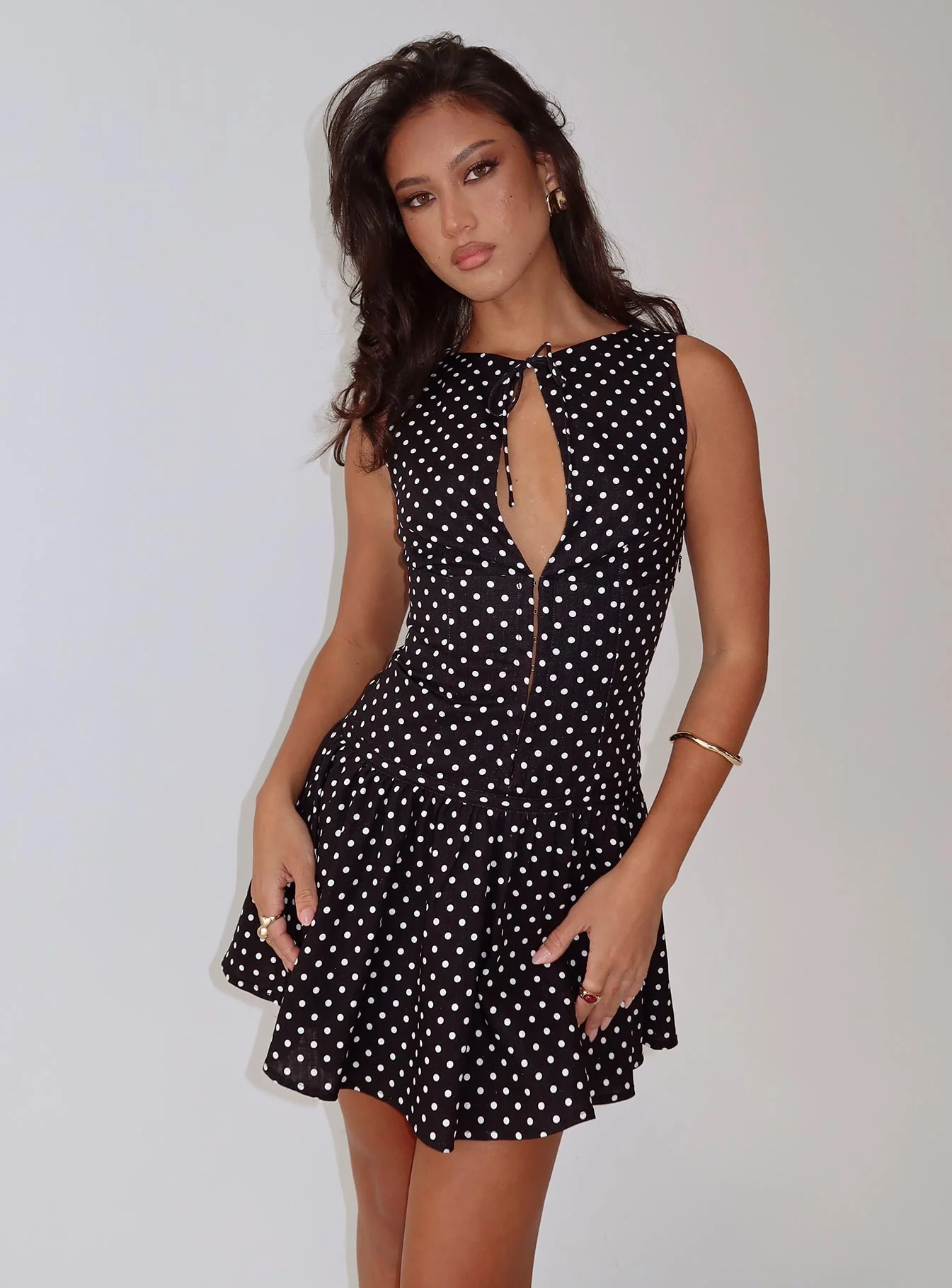 Alissea Keyhole Linen Blend Mini Dress Black Polka