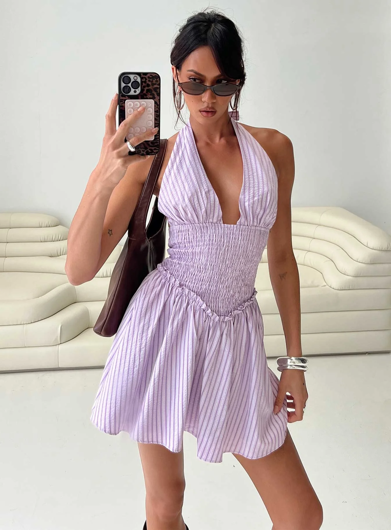 Attracted Halter Mini Dress Purple Stripe