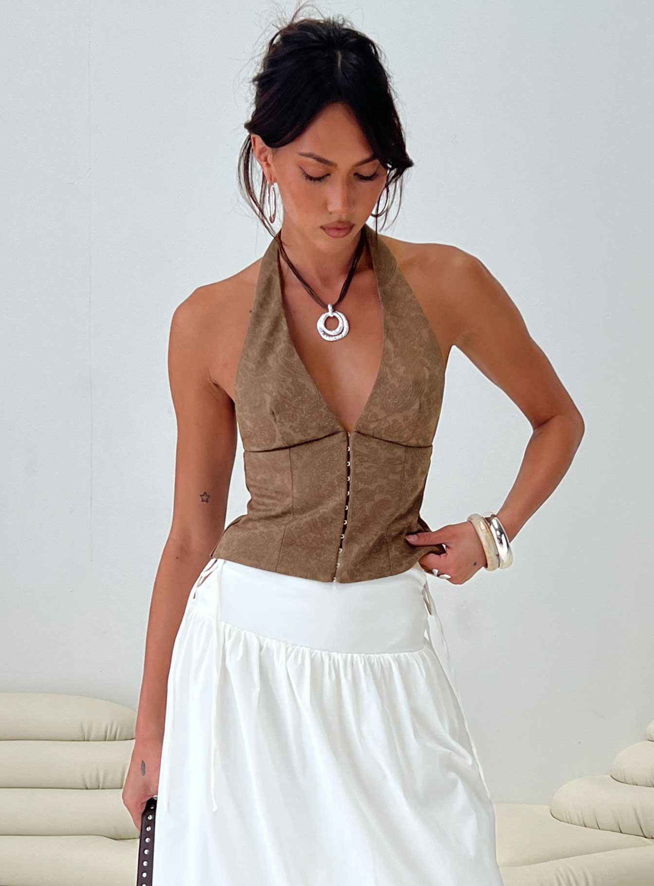 Down The Line Halter Top Brown