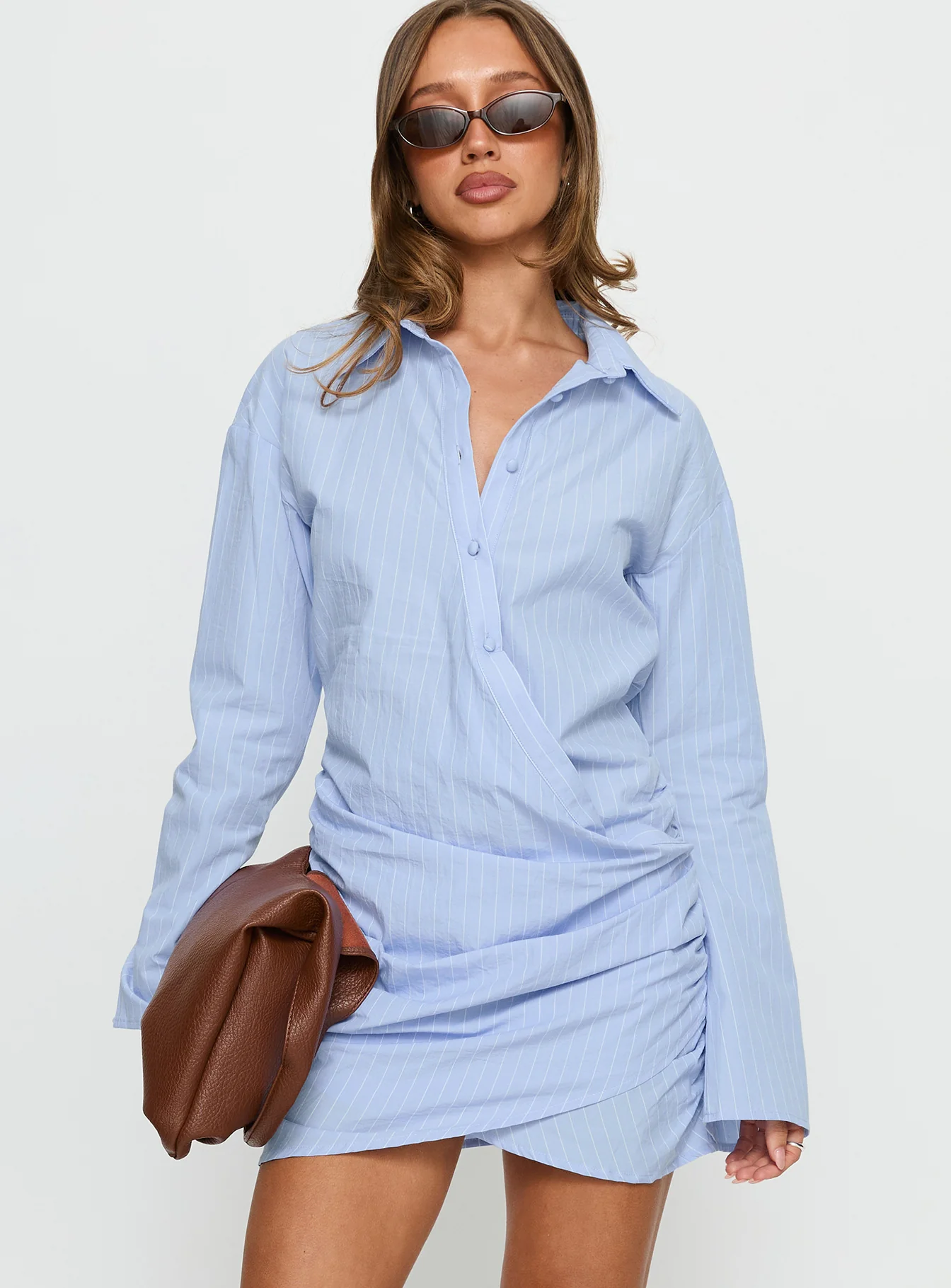 Well Versed Long Sleeve Ruched Shirt Mini Dress Blue