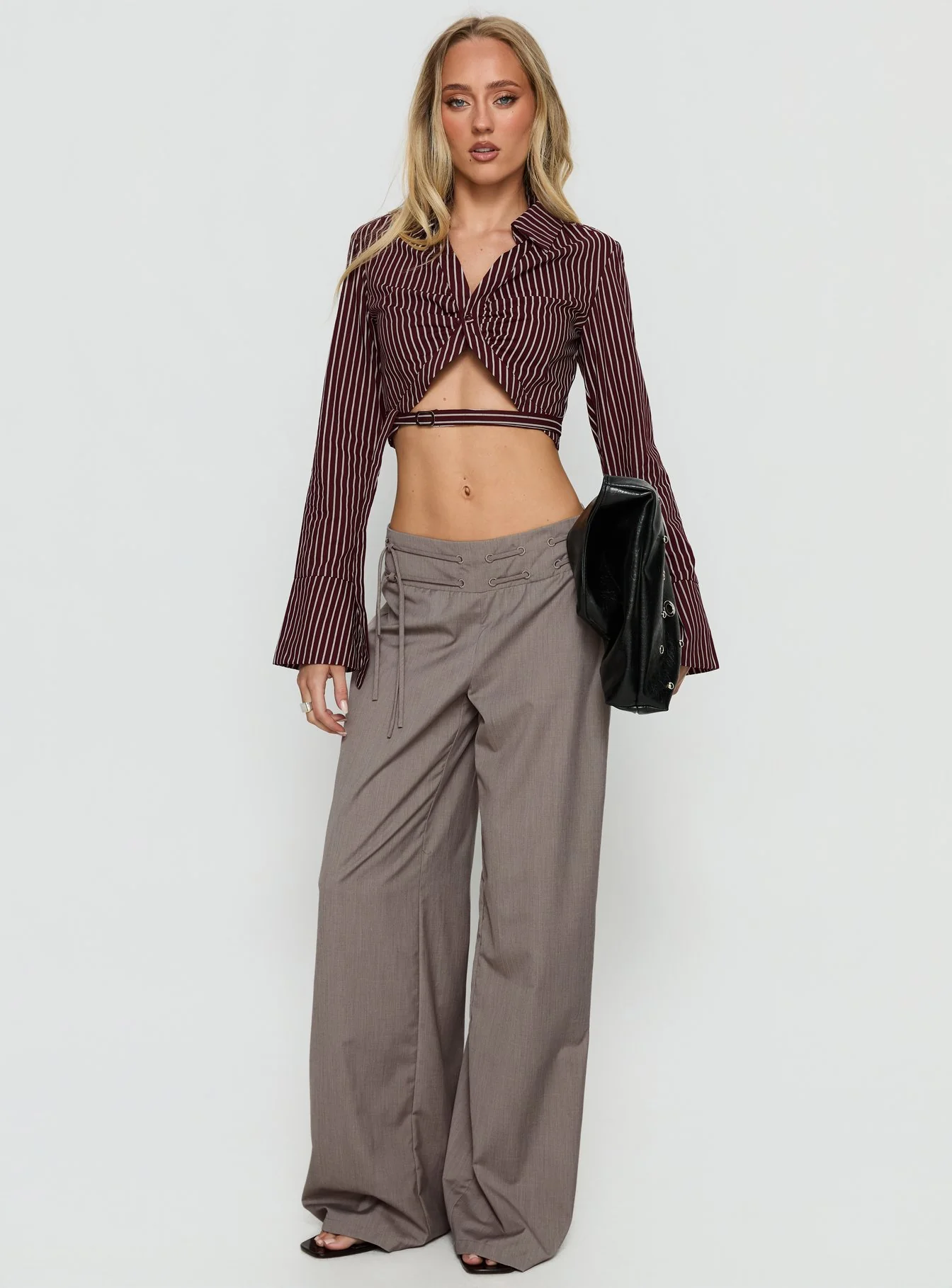 Anslee Wrap Detail Cropped Long Sleeve Top Burgundy Stripe