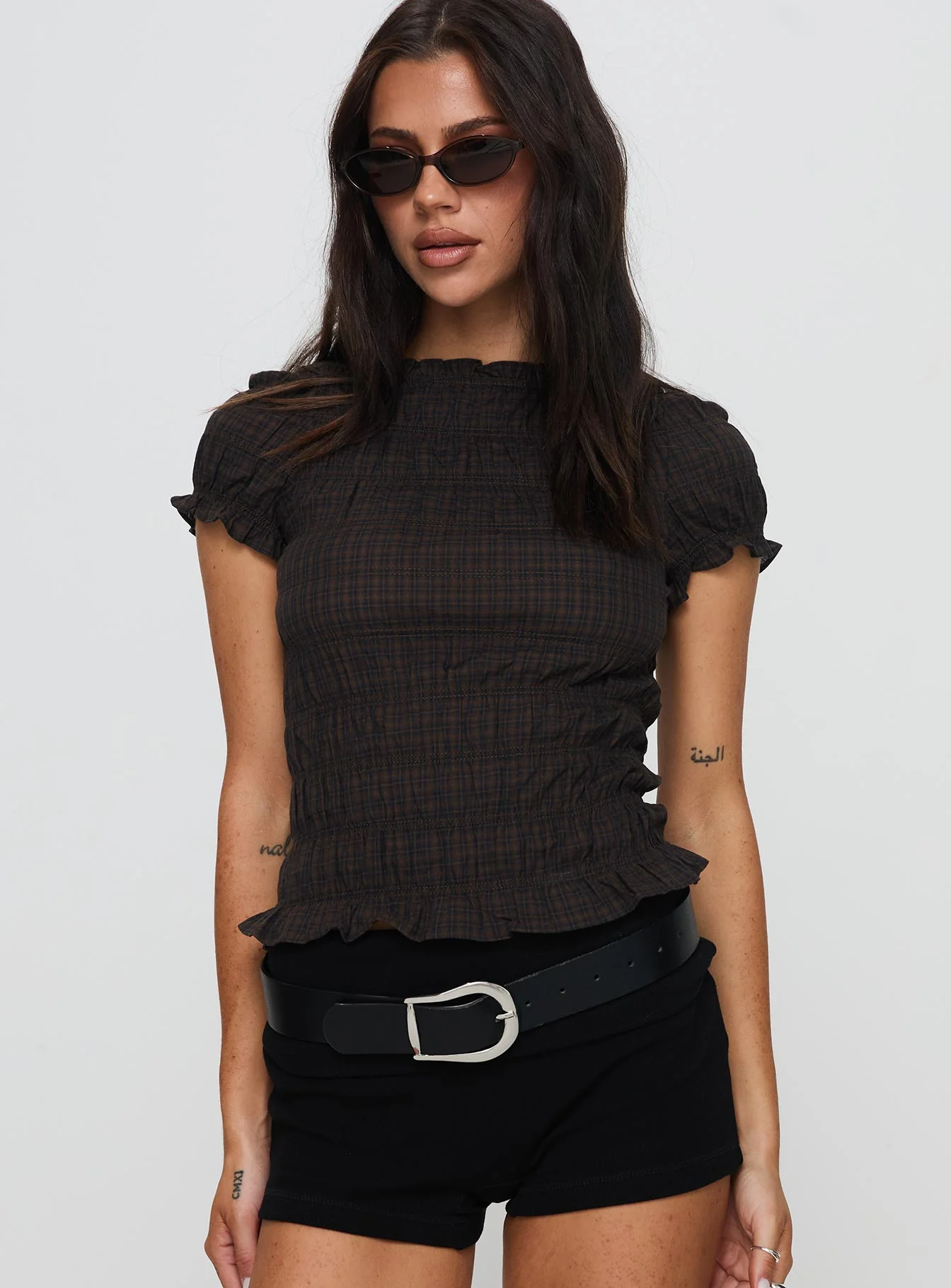 Romelle Shirred Top Black / Brown Plaid