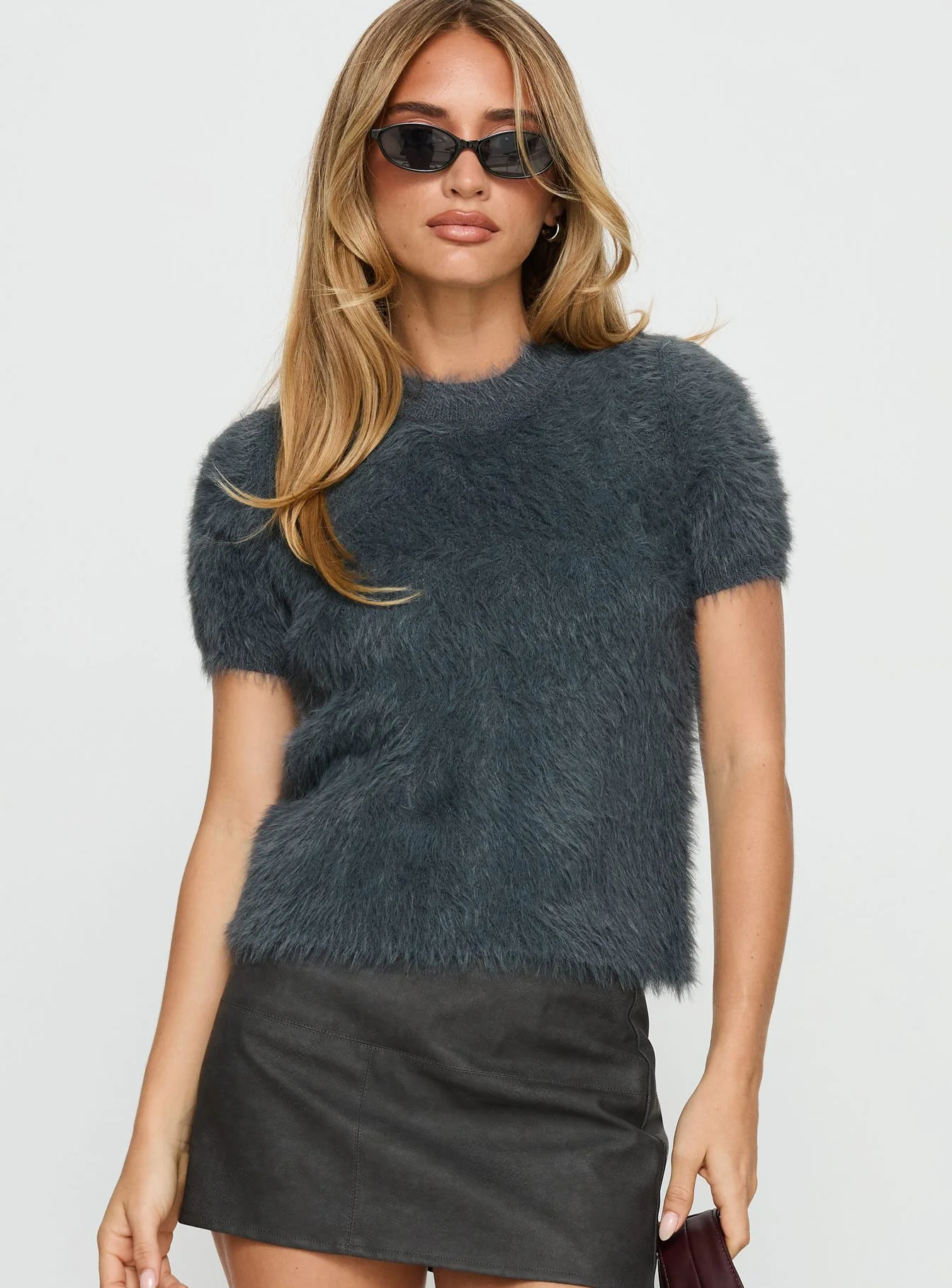 Starlynn Fluffy Short Sleeve Top Slate