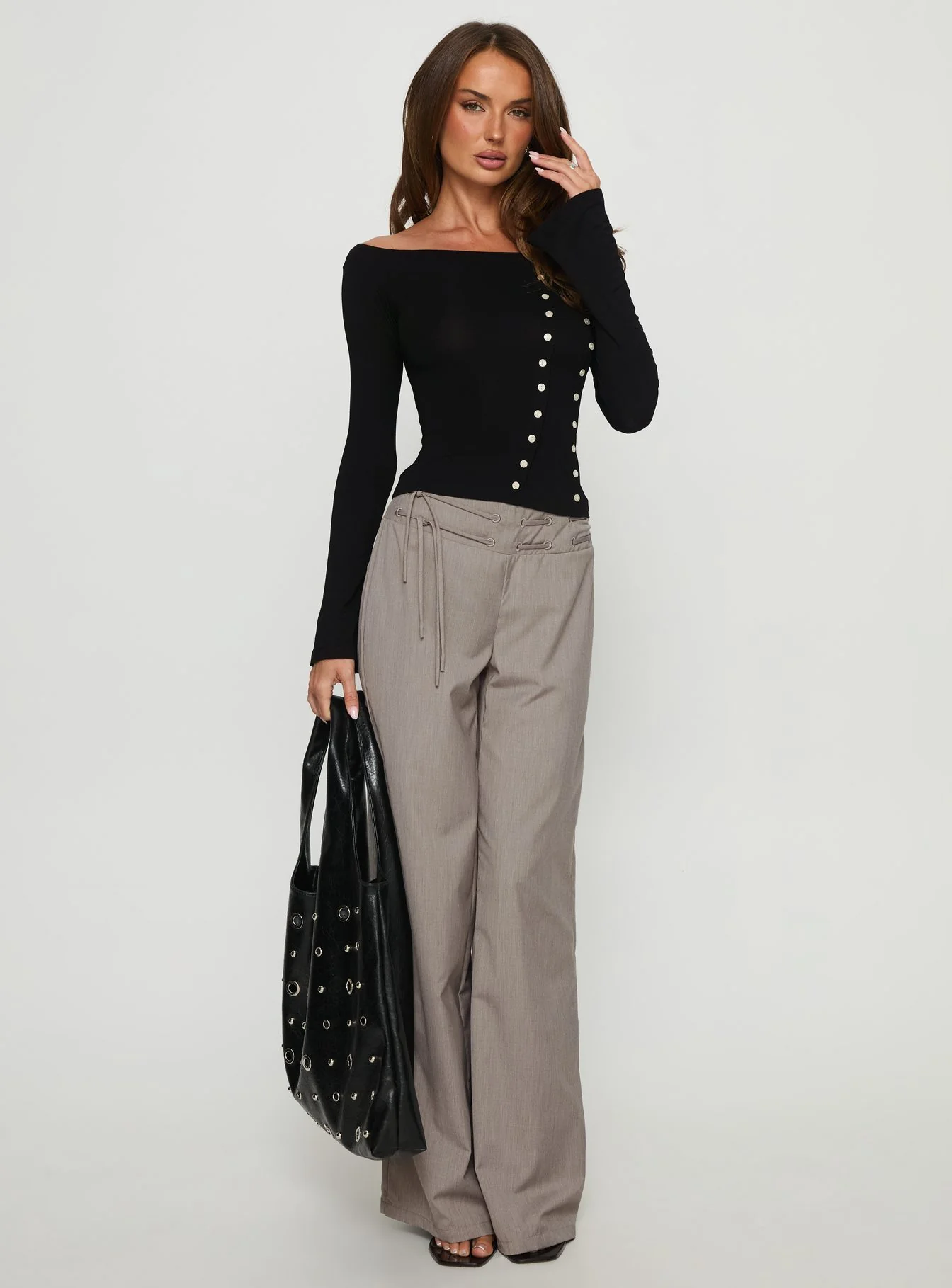 Jillianna Button Detail Off Shoulder Top Black