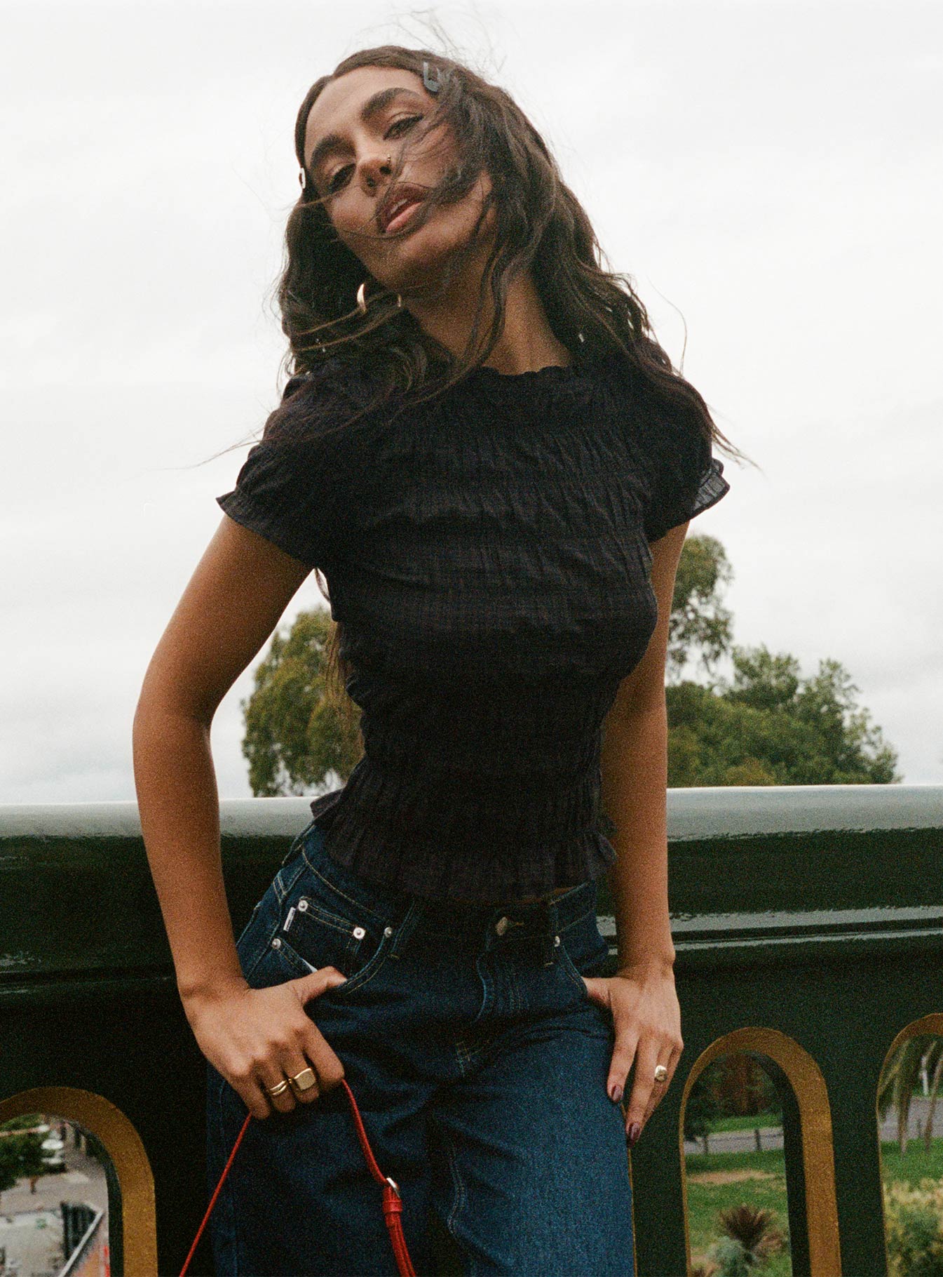 Romelle Shirred Top Black / Brown Plaid Petite