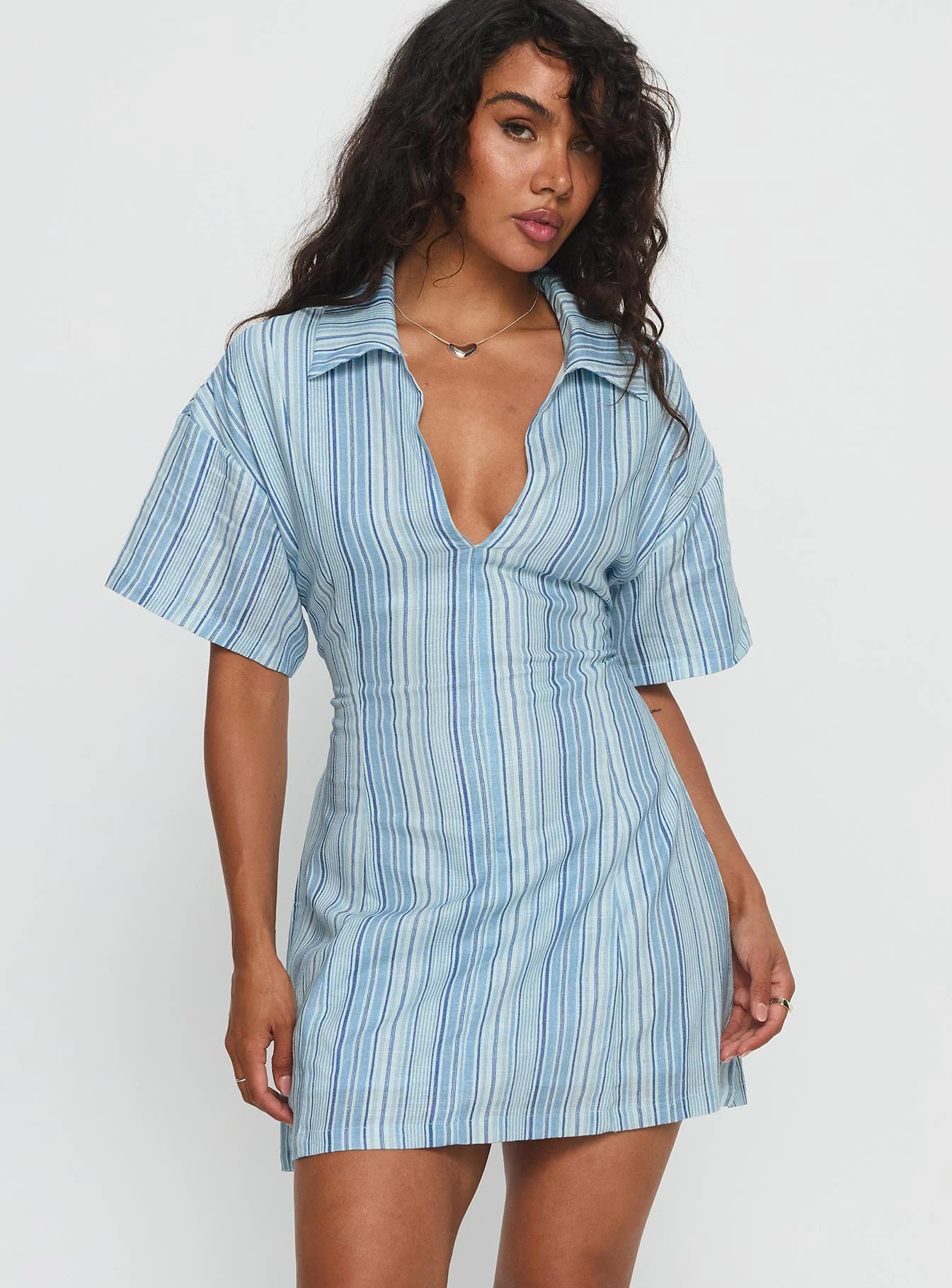 Wylla V Neck Linen Mini Dress Blue Stripe