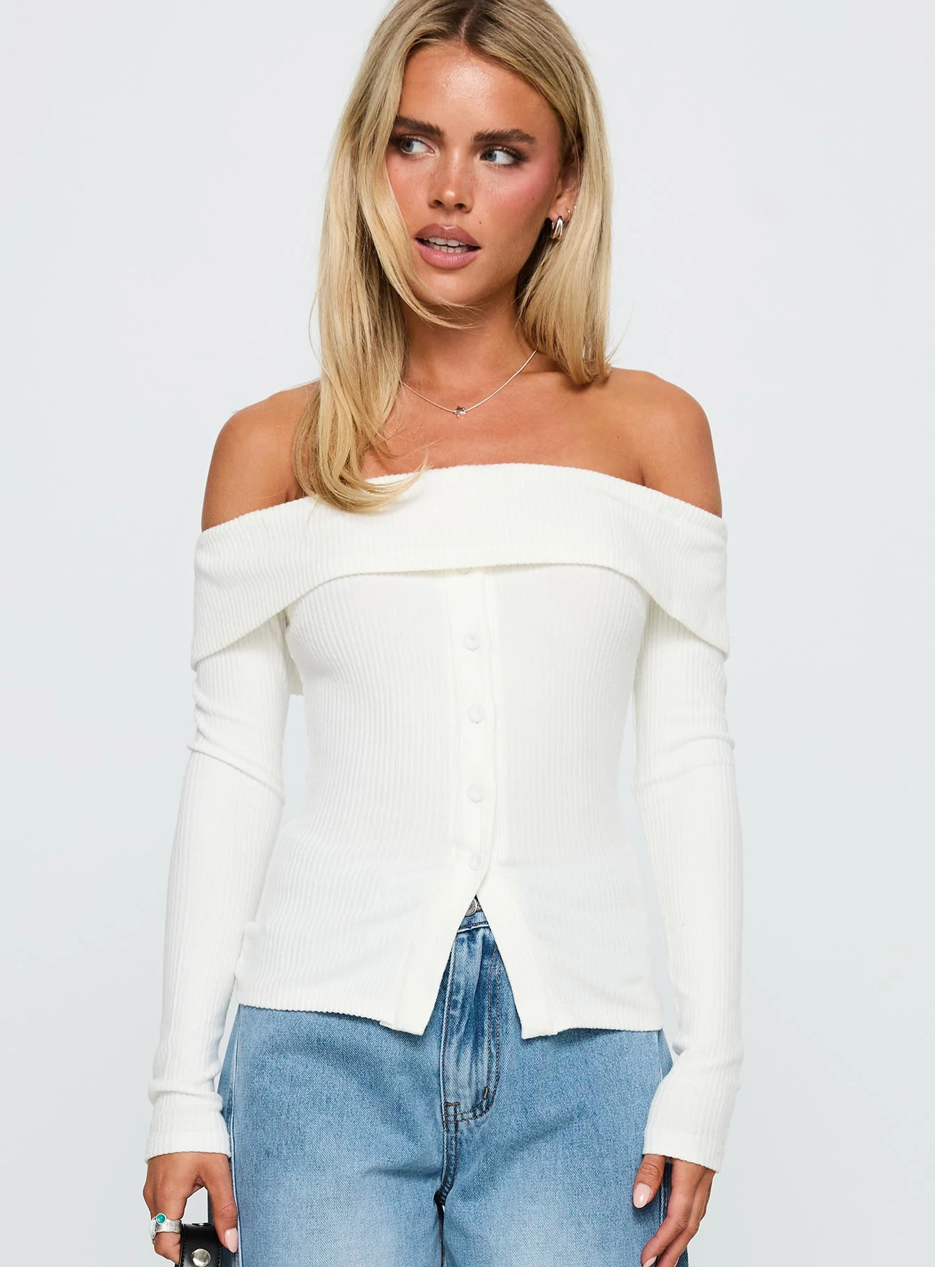 Dusk Dipped Off Shoulder Top White