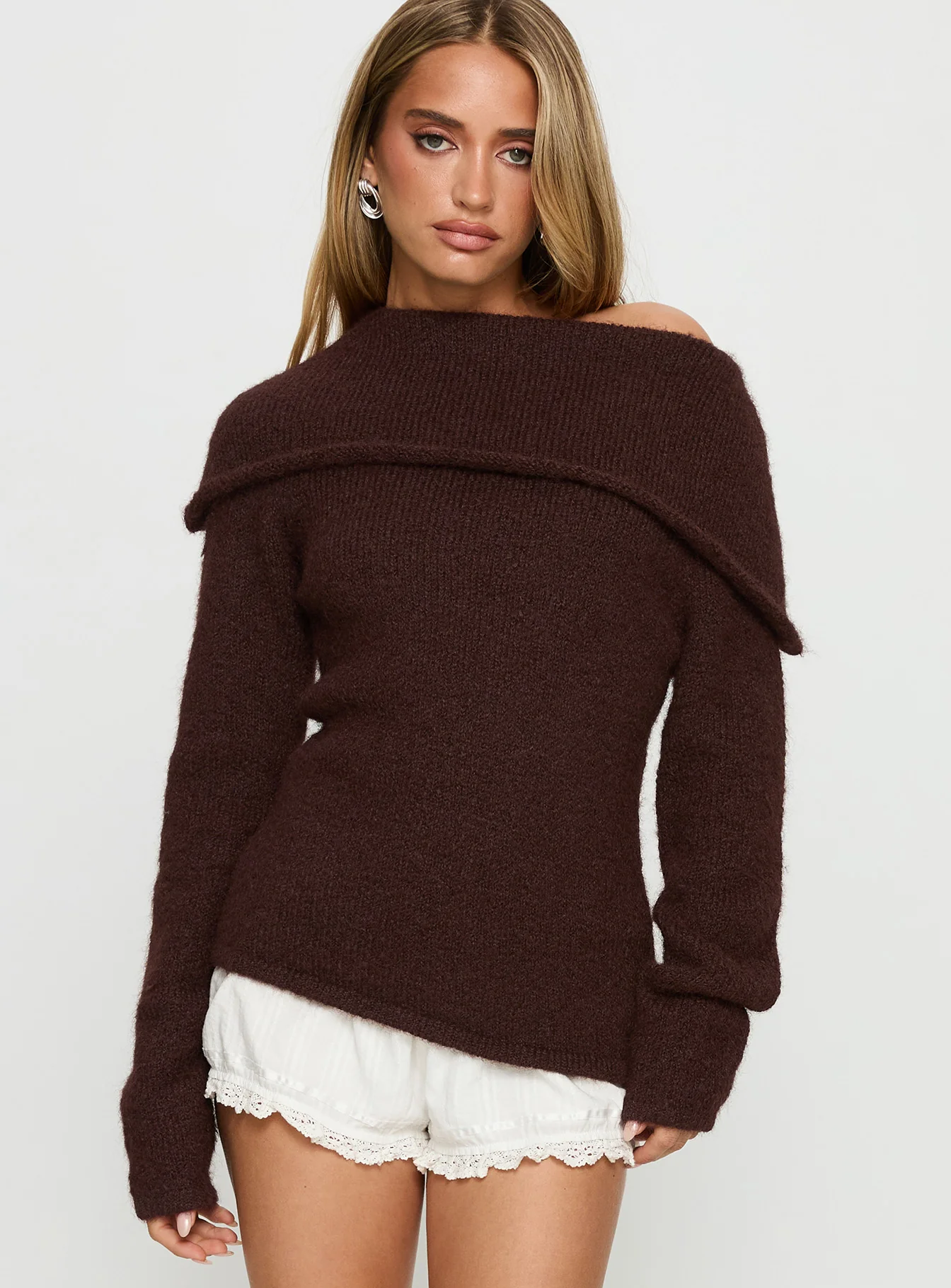 Kinslea Off Shoulder Knit Sweater Brown