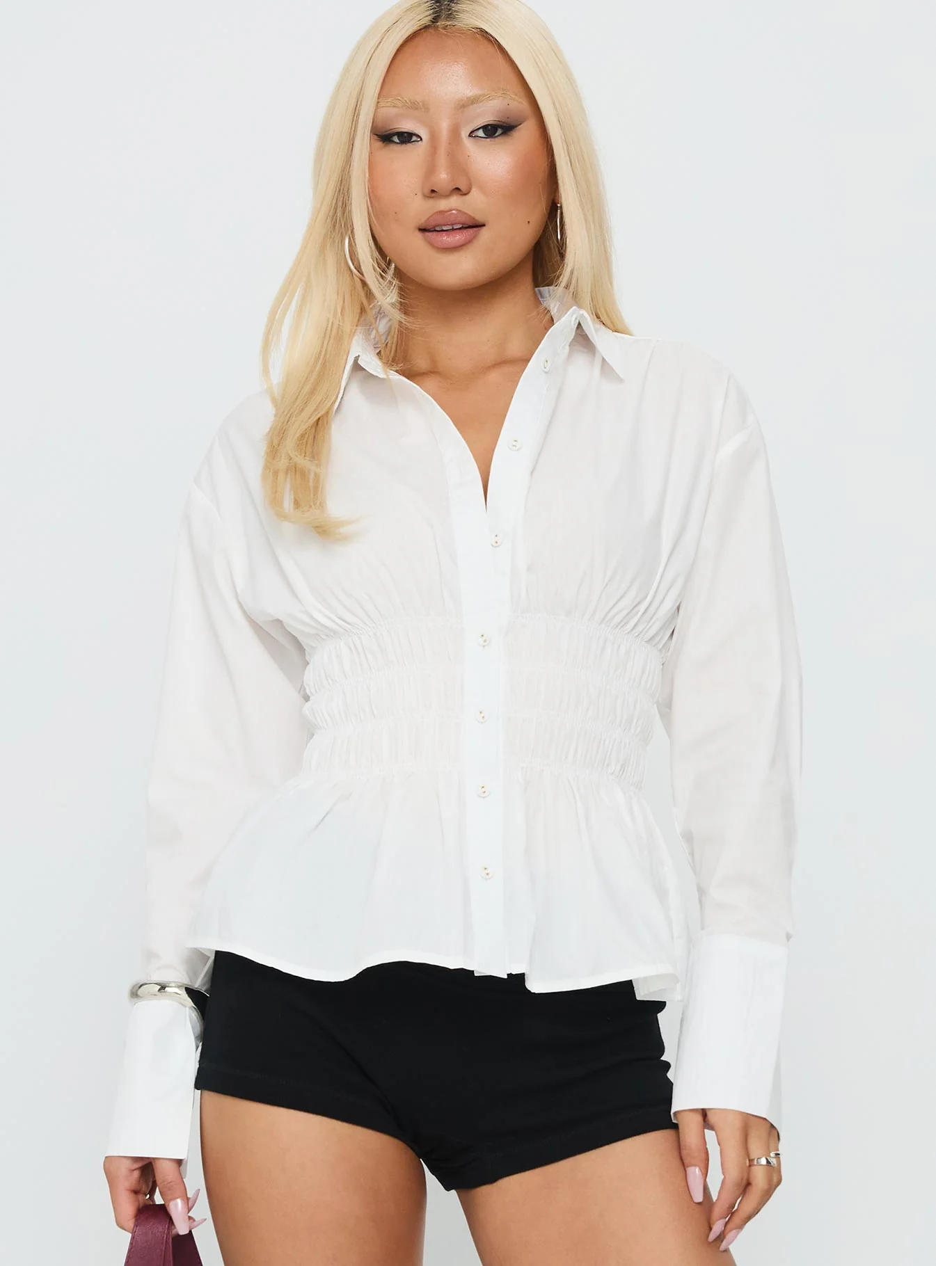 As You Are Shirred Button Up Top White