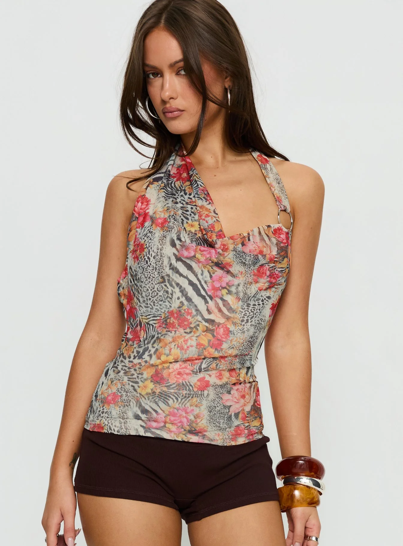 Analyssa Cowl Neck Top Leopard Floral