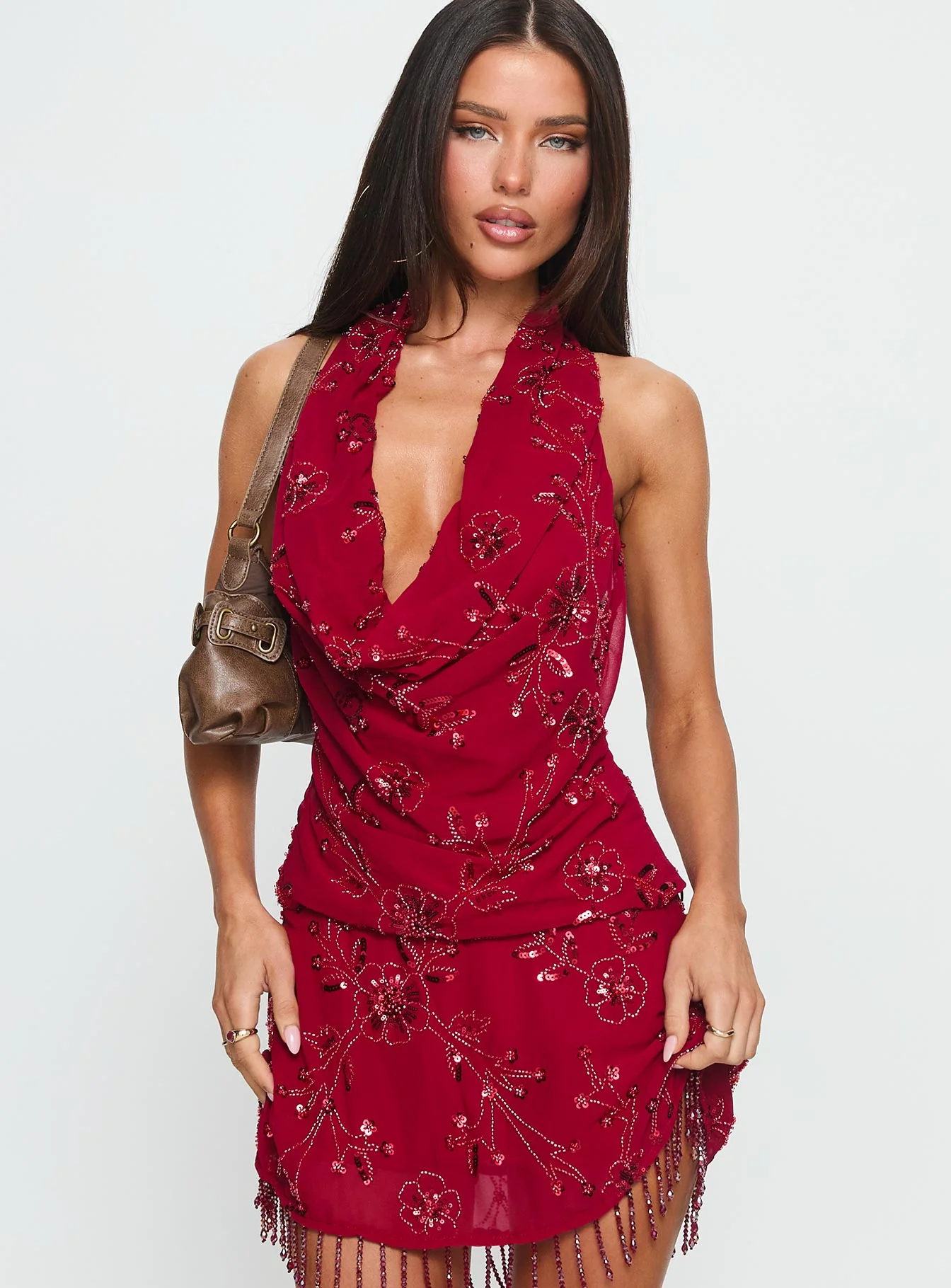 Twilight Zone Beaded Cowl Neck Top Red