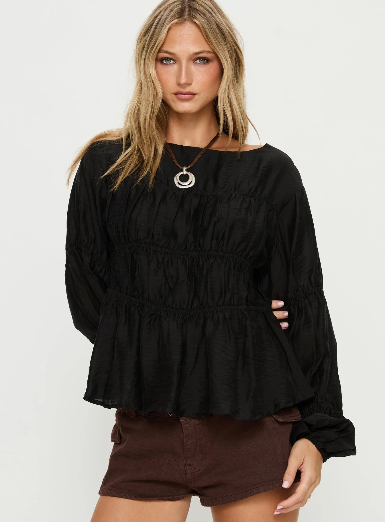 Xamira Ruched Long Sleeve Top Black