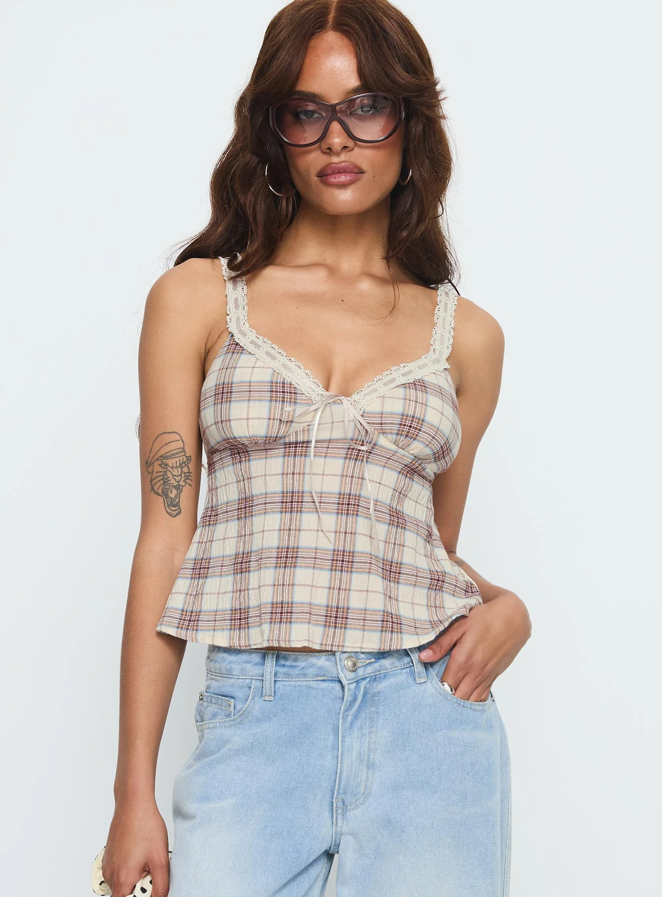 Pretty It Up Tie Detail Top Beige Check