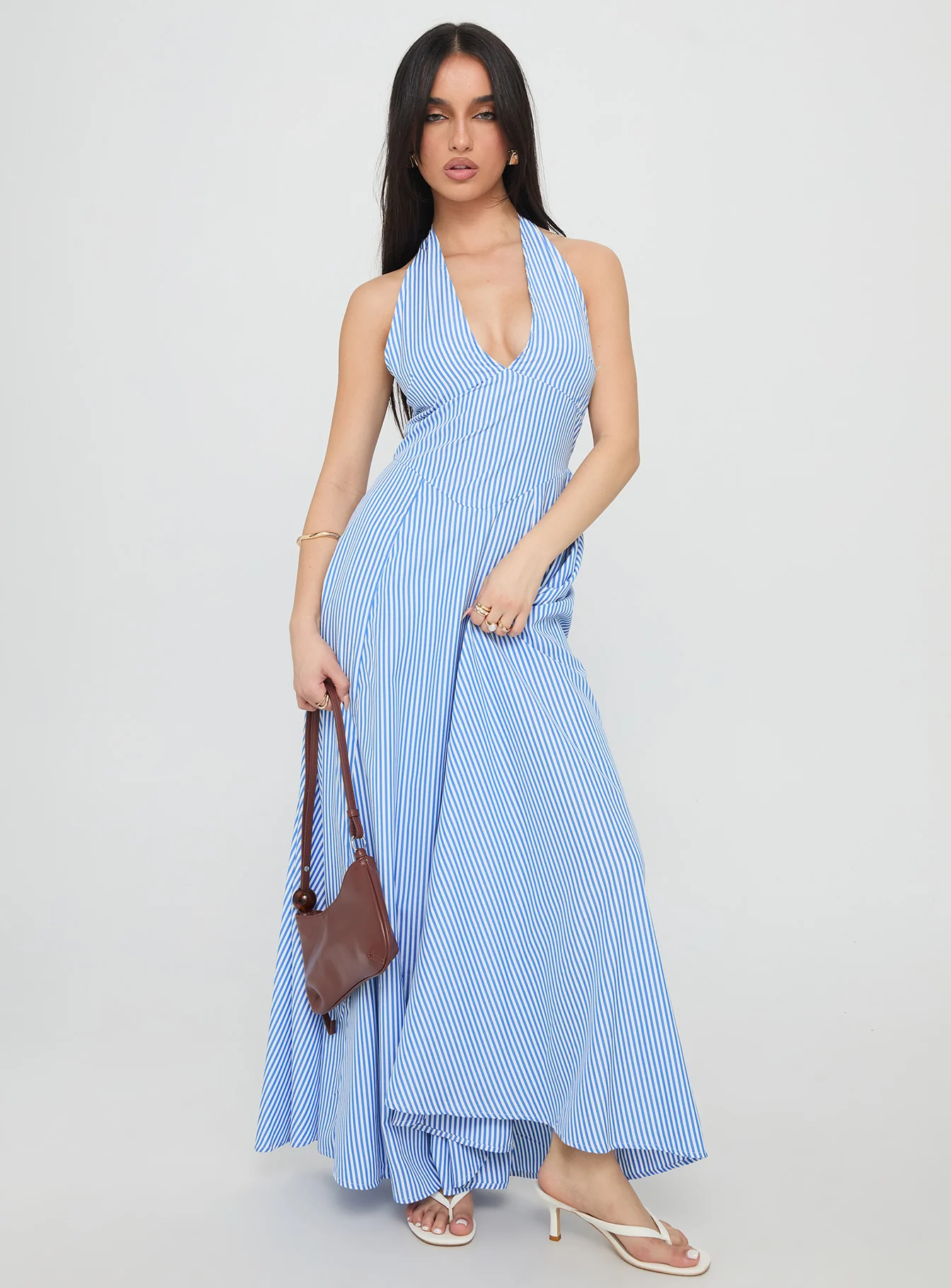 Ivie Halter Plunge Maxi Dress Blue Stripe