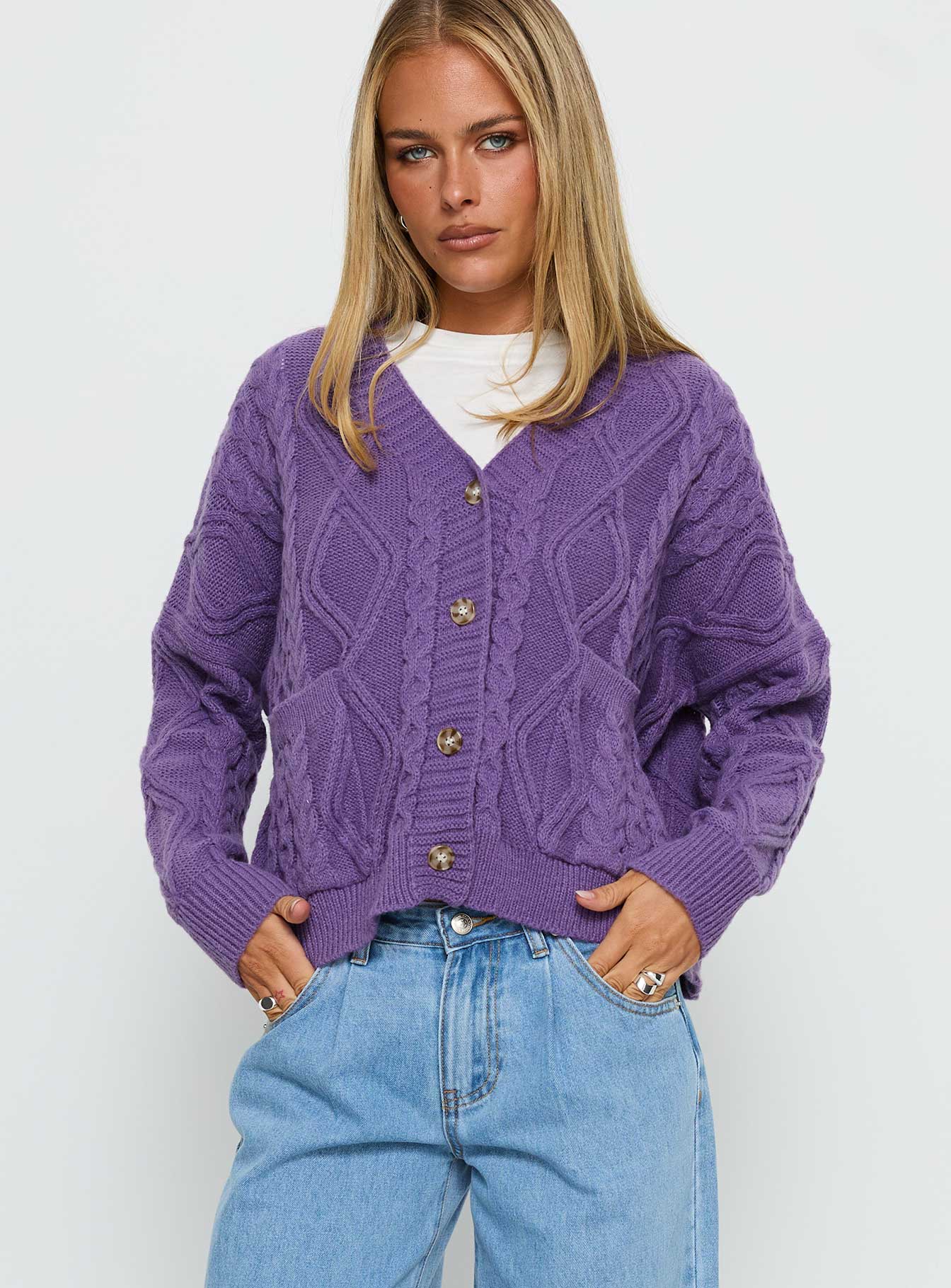 Dillian Cable Knit Cardigan Purple