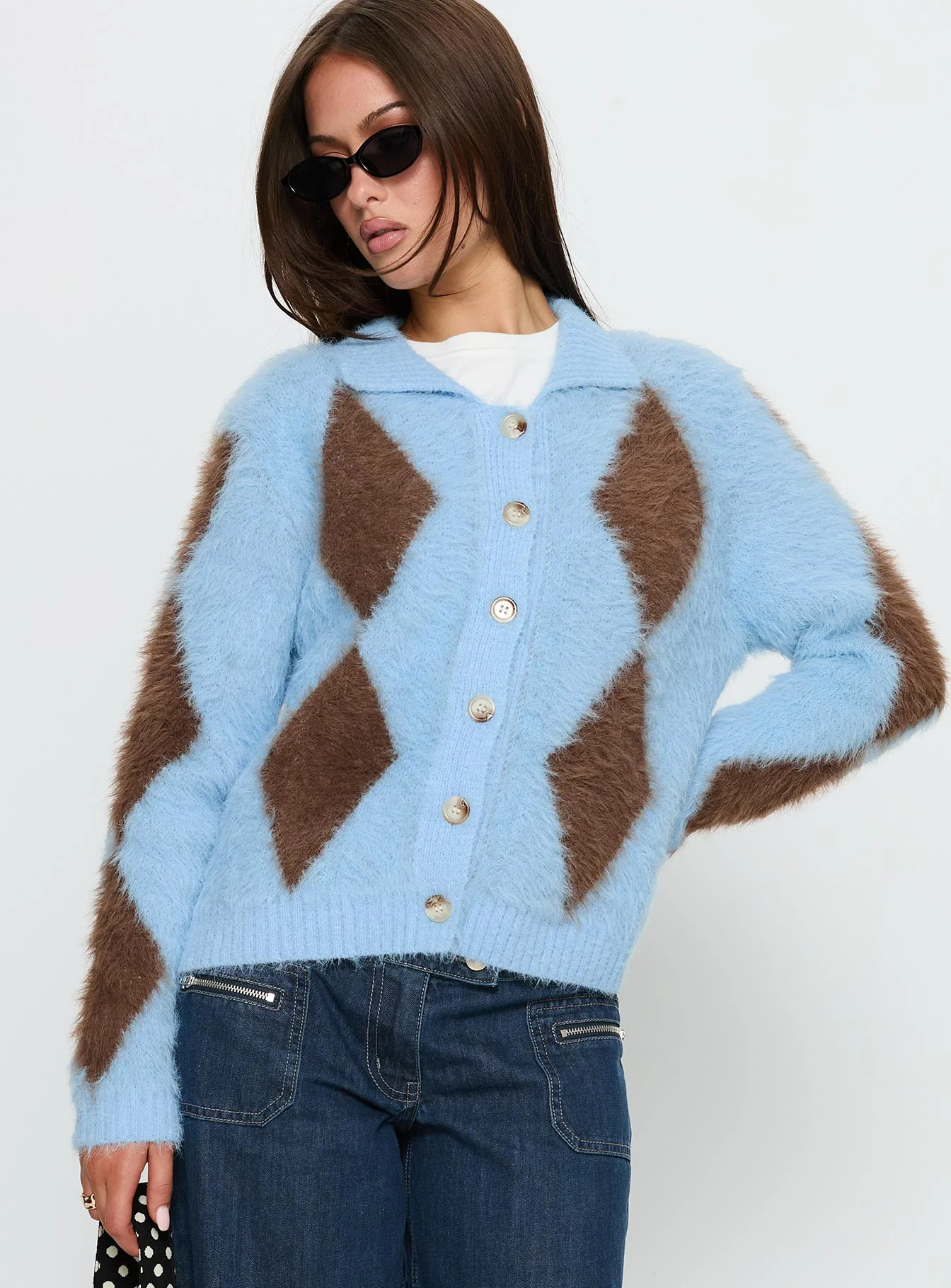 Lynnsey Fluffy Collared Knit Sweater Blue Argyle