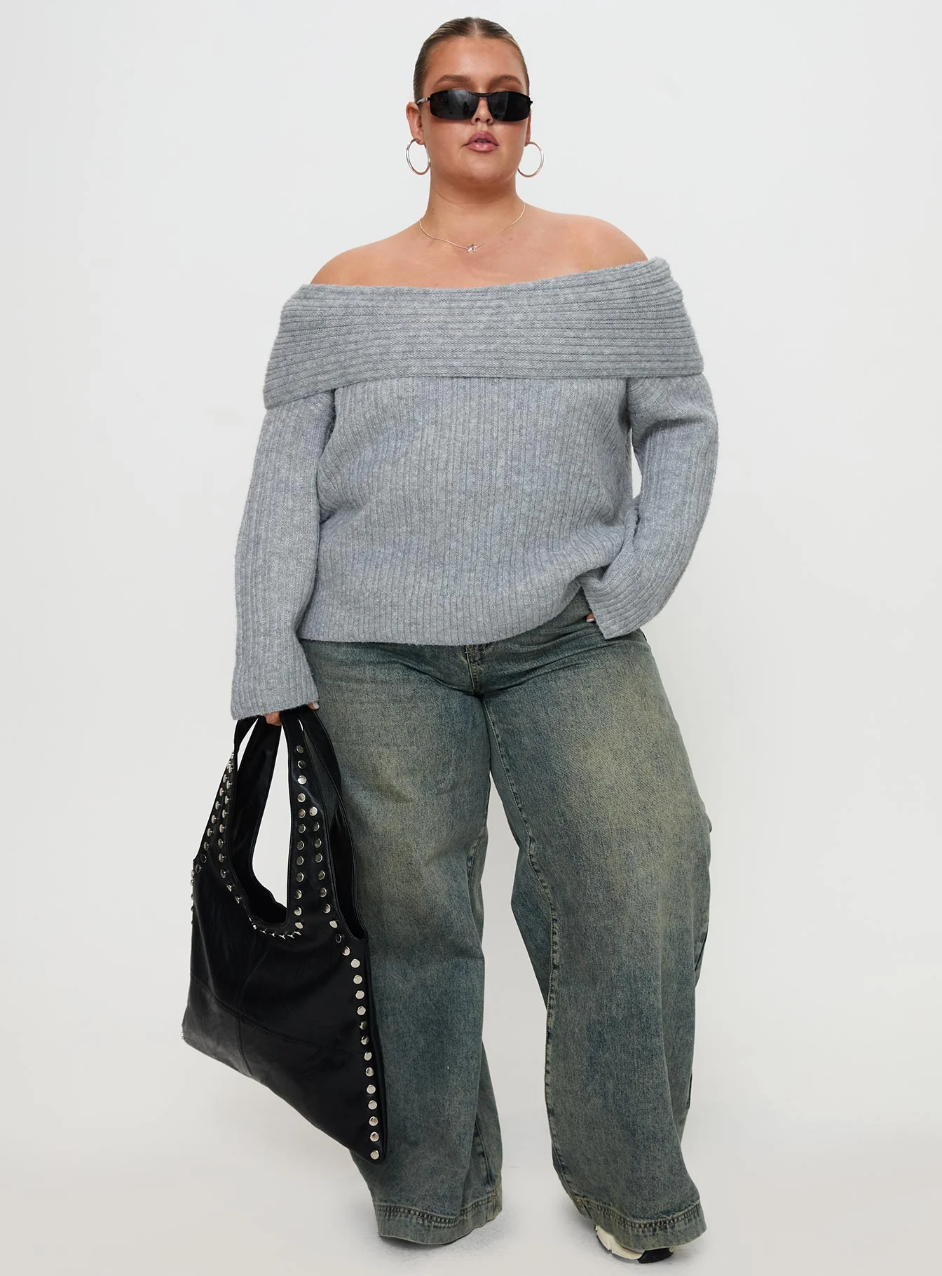 Snowie Off Shoulder Knit Sweater Grey Curve