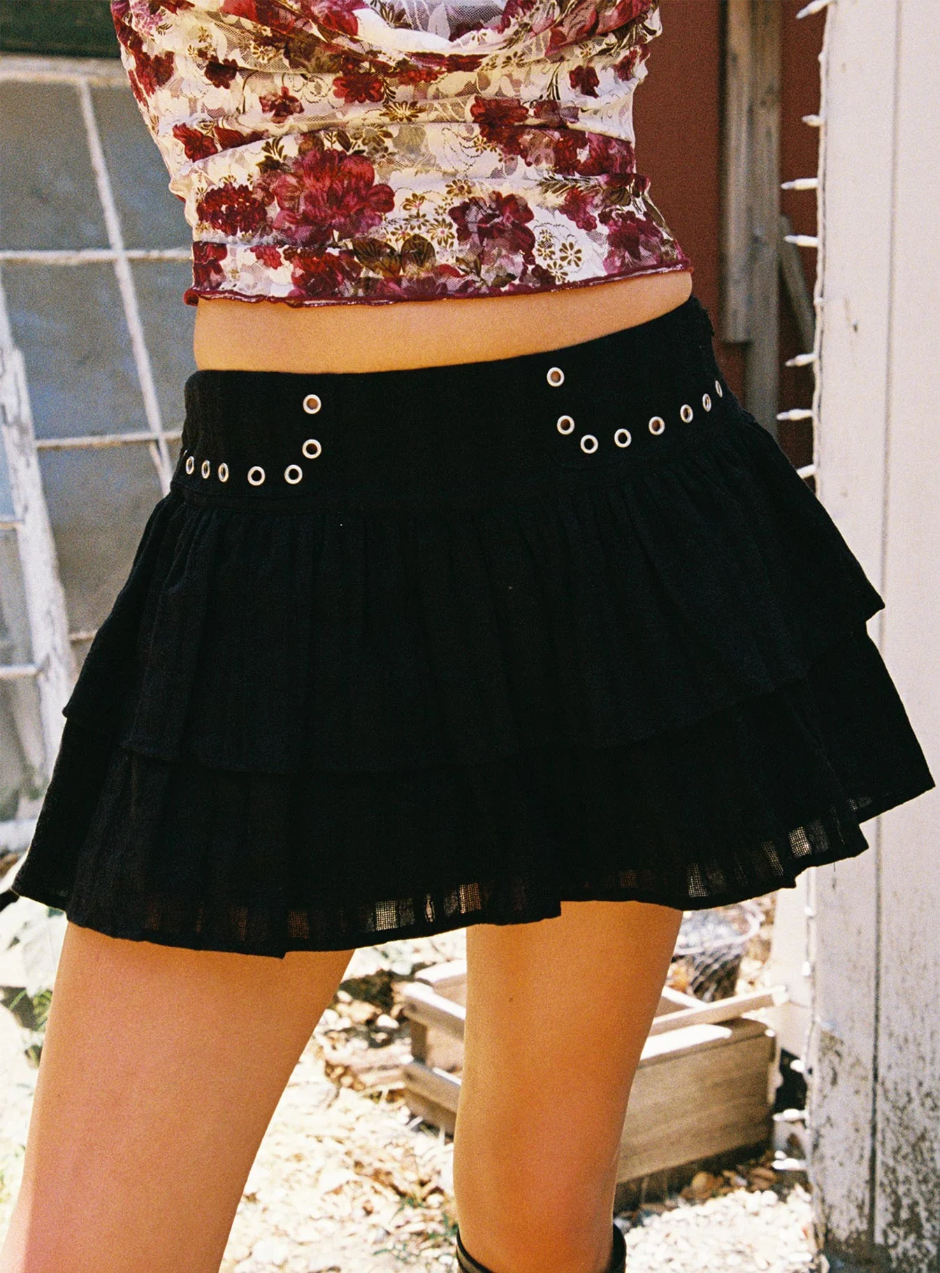 Fire Sign Studded Tiered Mini Skirt Black