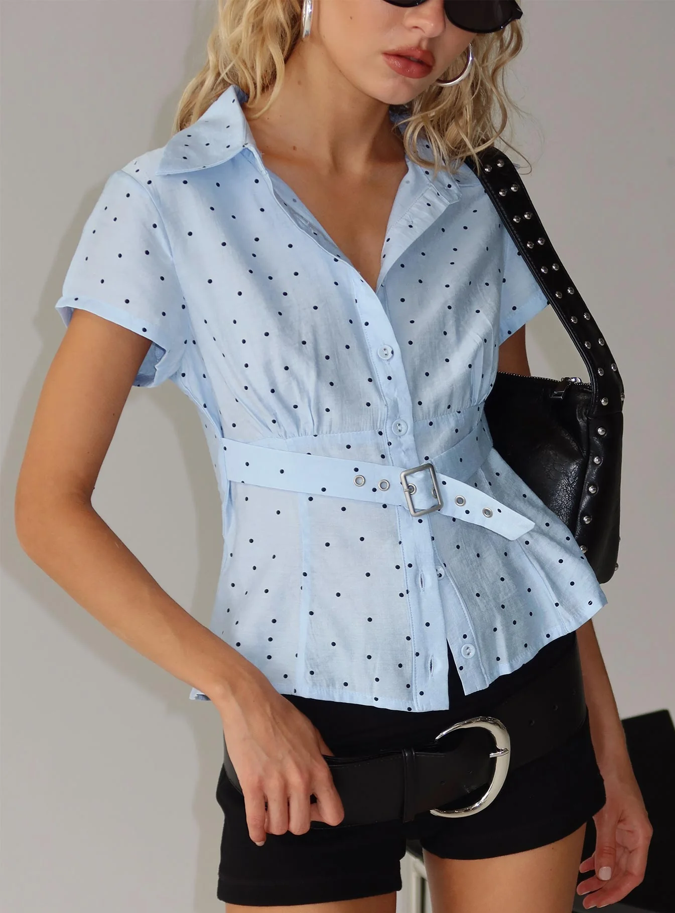 Esteem Buckle Detail Short Sleeve Shirt Blue Polka