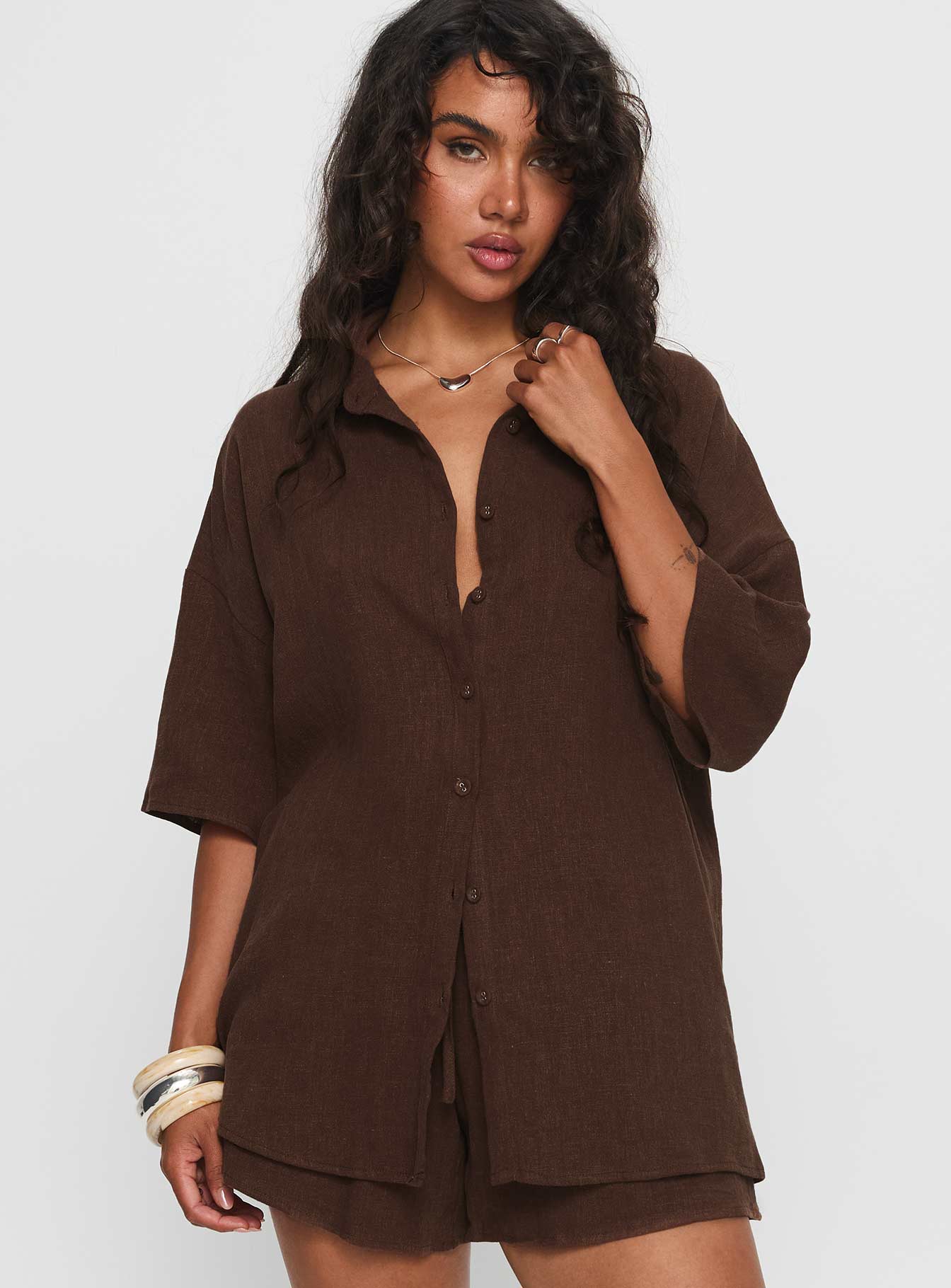 Peni Linen Button Down Top Chocolate
