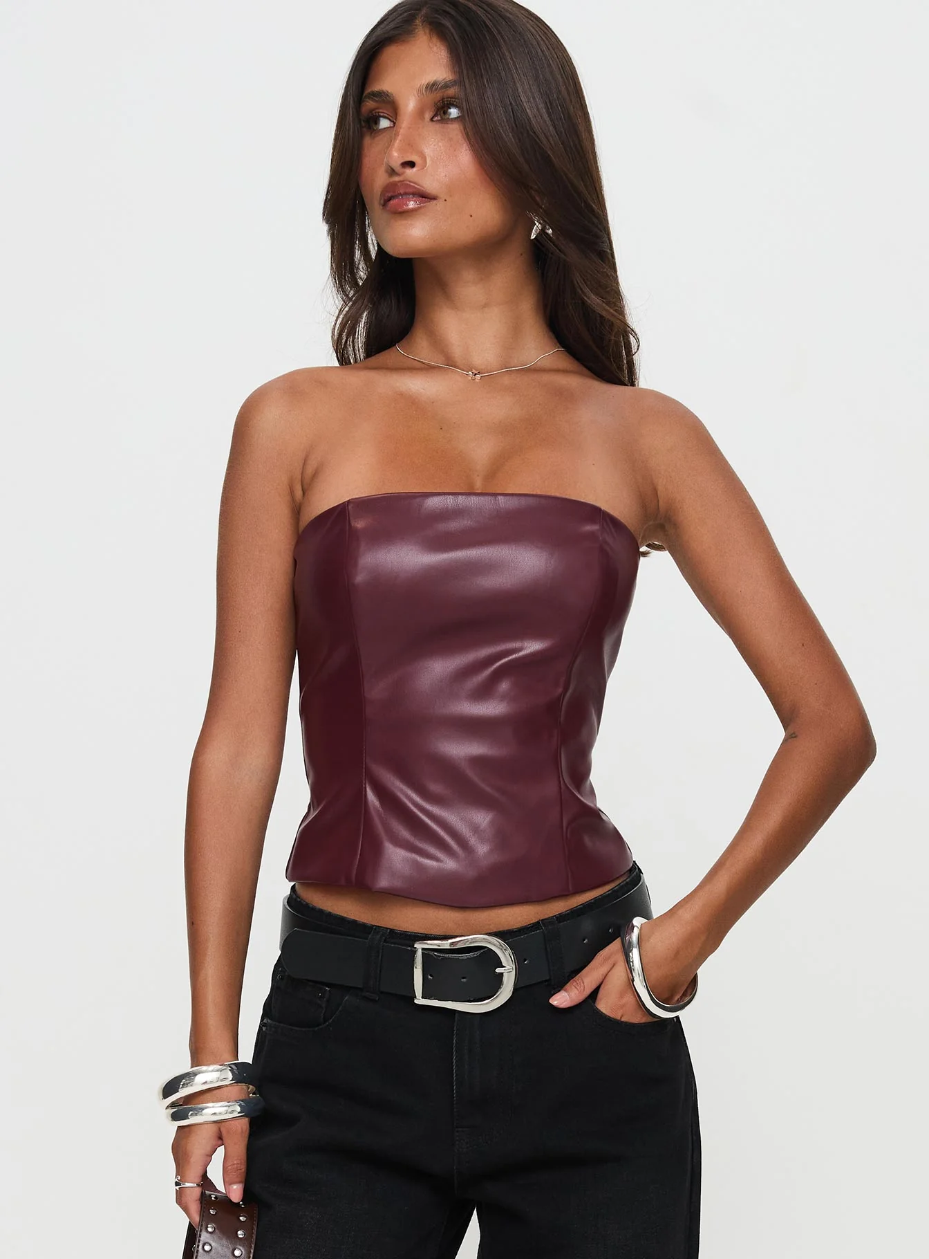 Oaklee Strapless Faux Leather Top Burgundy