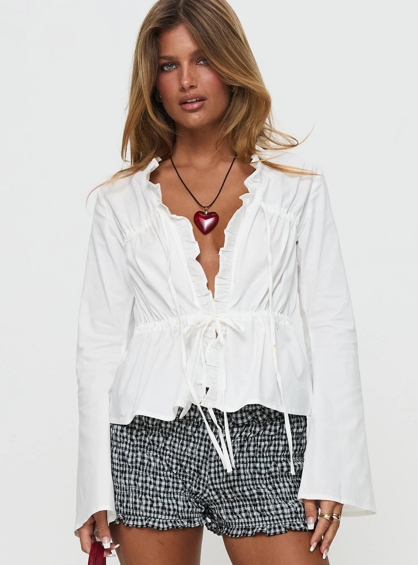 Harloe Ruched Tie Up Long Sleeve Top White