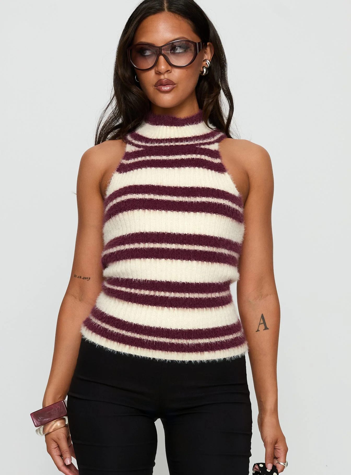 Heide High Neck Fluffy Top Burgundy Stripe