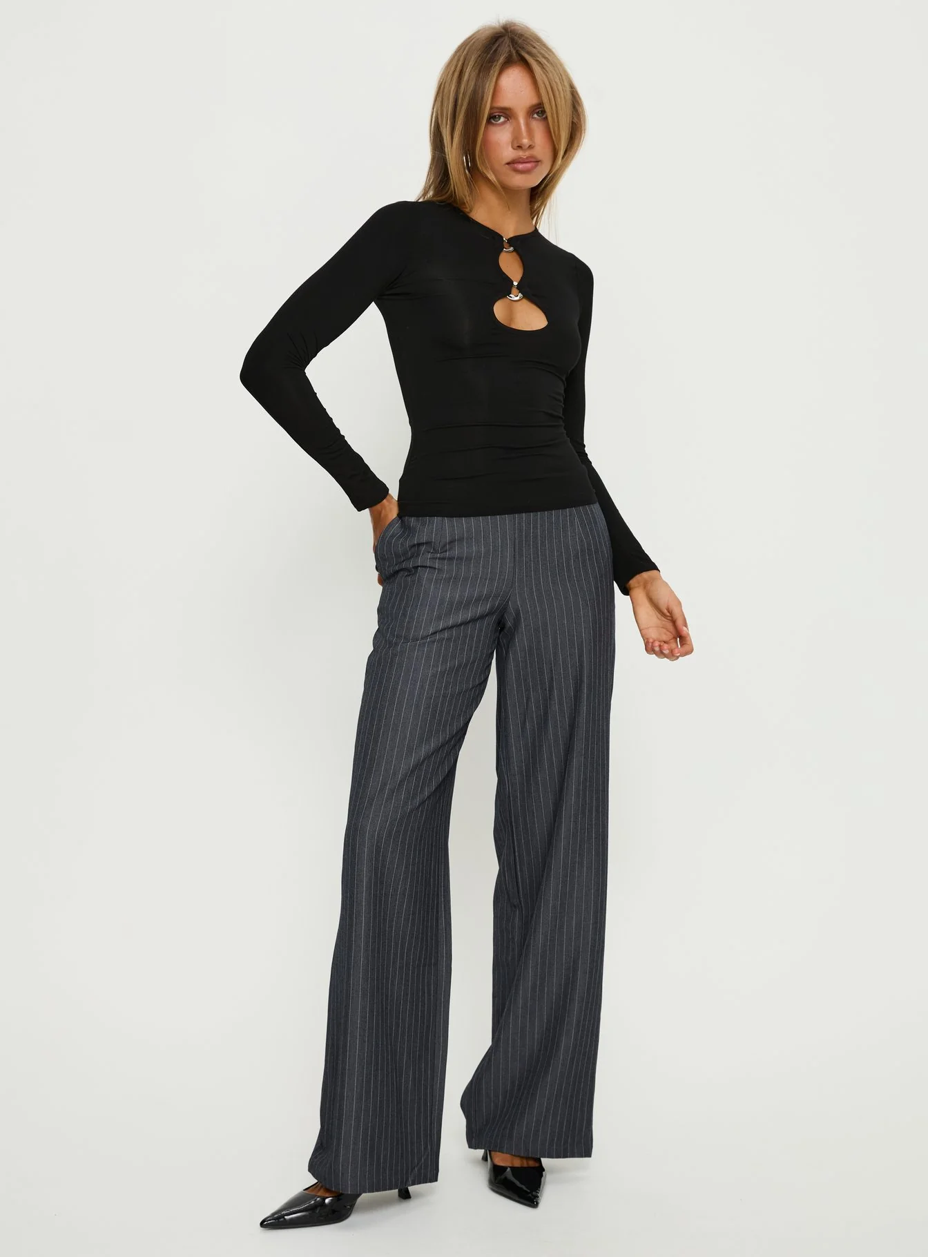 Khane Low Rise Wide Leg Pant Charcoal Pinstripe