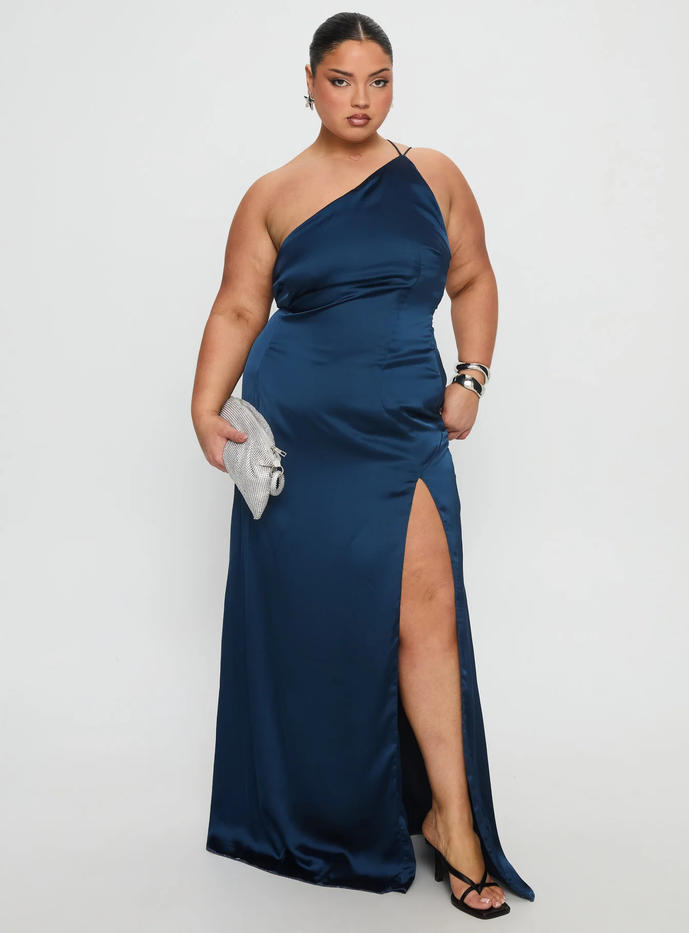 Kiss Of Life Satin Maxi Dress Navy Curve